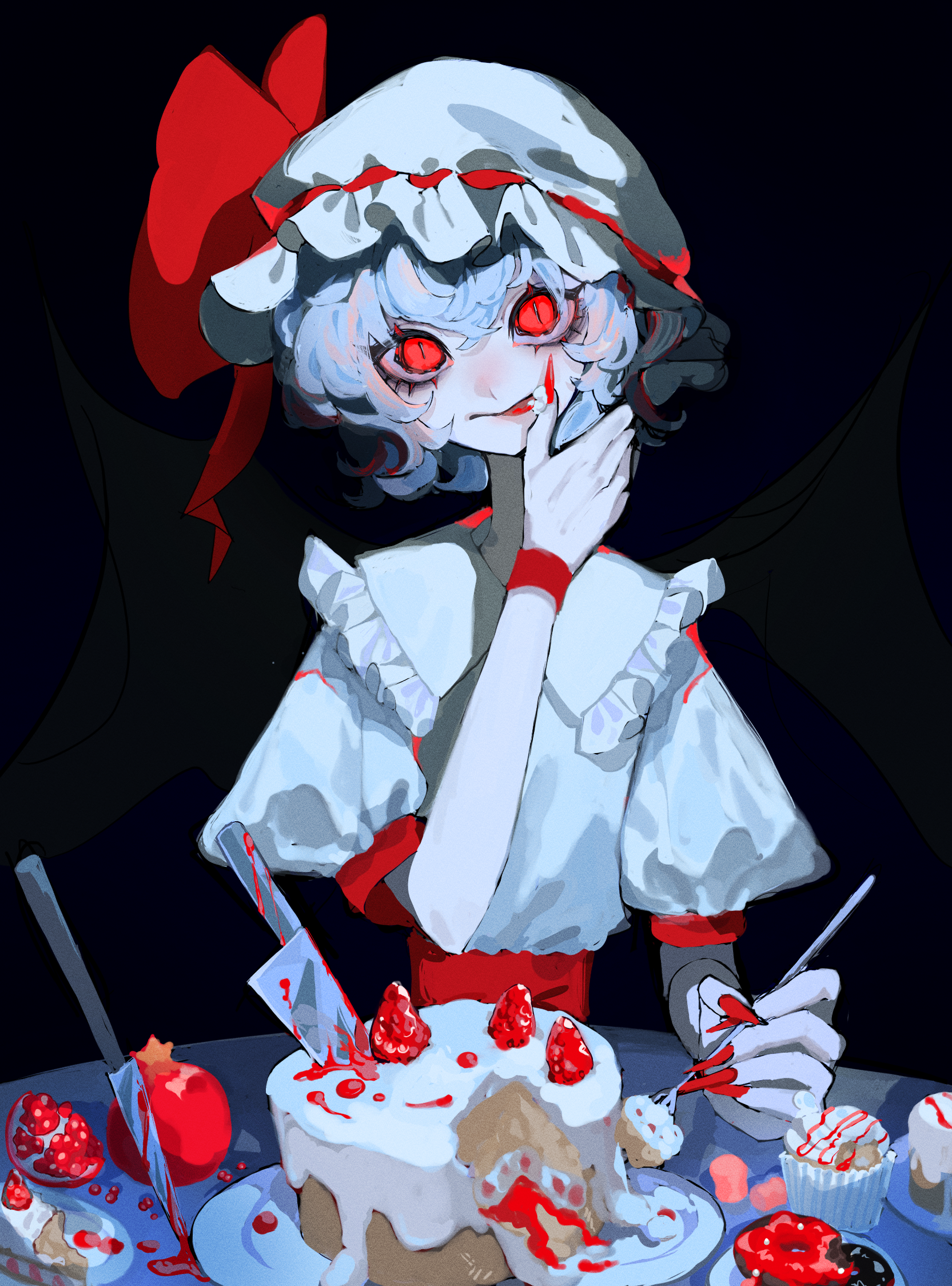 mashi (pixiv zcjd2538), remilia scarlet, touhou, commentary request, highres, 1girl, black background, blue hair, cake, cupcake, dessert, donut, eating, fingernails, food, food on face, fork, frilled sailor collar, frills, fruit, hat, hat ribbon, holding, holding fork, kitchen knife, knife, licking own finger, looking at viewer, mob cap, narrow waist, pale skin, pomegranate, puffy short sleeves, puffy sleeves, red eyes, red nails, ribbon, sailor collar, sharp fingernails, short hair, short sleeves, sitting, slit pupils, solo, sweets, table, upper body, vampire