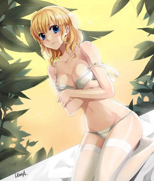 leona (pixiv), original, bad id, bad pixiv id, 1girl, blonde hair, blue eyes, bra, breasts, cleavage, female focus, large breasts, lingerie, medium hair, panties, solo, thighhighs, underwear, underwear only