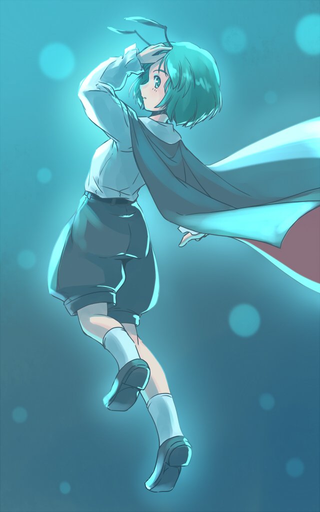 rangycrow, wriggle nightbug, touhou, commentary request, 1girl, antennae, arm up, backlighting, black cape, black shoes, black shorts, blue background, blush, cape, from behind, green eyes, green hair, hand on own head, long sleeves, looking back, one-hour drawing challenge, parted lips, profile, shirt, shoes, short hair, shorts, sideways glance, socks, solo, two-sided cape, two-sided fabric, white shirt, white socks