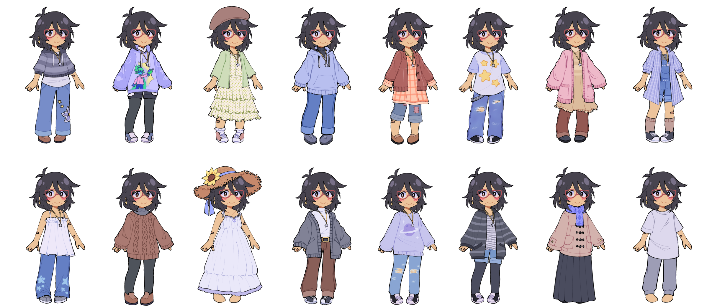 donuqx, captain spaceboy, mincy (omori), omori, commentary, english commentary, highres, 1girl, alternate costume, antenna hair, argyle clothes, argyle scarf, bandaid, bandaid on arm, bandaid on finger, bandaid on hand, bandaid on leg, belt, black belt, black hair, black pantyhose, black shoes, black shorts, black skirt, black sweater, blue overalls, blue pants, blue shorts, blush, bright pupils, brown coat, brown eyes, brown hat, brown pants, brown shoes, brown socks, brown sweater, camisole, cardigan, chibi, chibi only, closed mouth, coat, collarbone, collared jacket, dark-skinned female, dark skin, denim, denim shorts, double-parted bangs, dress, earrings, flower, glasses, green cardigan, grey cardigan, grey hoodie, grey jacket, grey pants, grey shirt, grey shoes, hair between eyes, hat, hood, hood down, hoodie, jacket, jeans, jewelry, long skirt, long sleeves, looking at viewer, medium hair, necklace, open cardigan, open clothes, open jacket, overall shorts, overalls, pants, pantyhose, pantyhose under shorts, pink cardigan, pleated skirt, purple hoodie, purple jacket, purple scarf, red-framed eyewear, red cardigan, scarf, shirt, shoes, short-sleeved jacket, short sleeves, shorts, simple background, skirt, smile, sneakers, socks, solo, star (symbol), star earrings, star necklace, striped clothes, striped hoodie, striped jacket, sun hat, sundress, sunflower, sweater, sweatpants, t-shirt, torn clothes, torn jeans, torn pants, turtleneck, turtleneck sweater, white background, white camisole, white dress, white pupils, white shirt