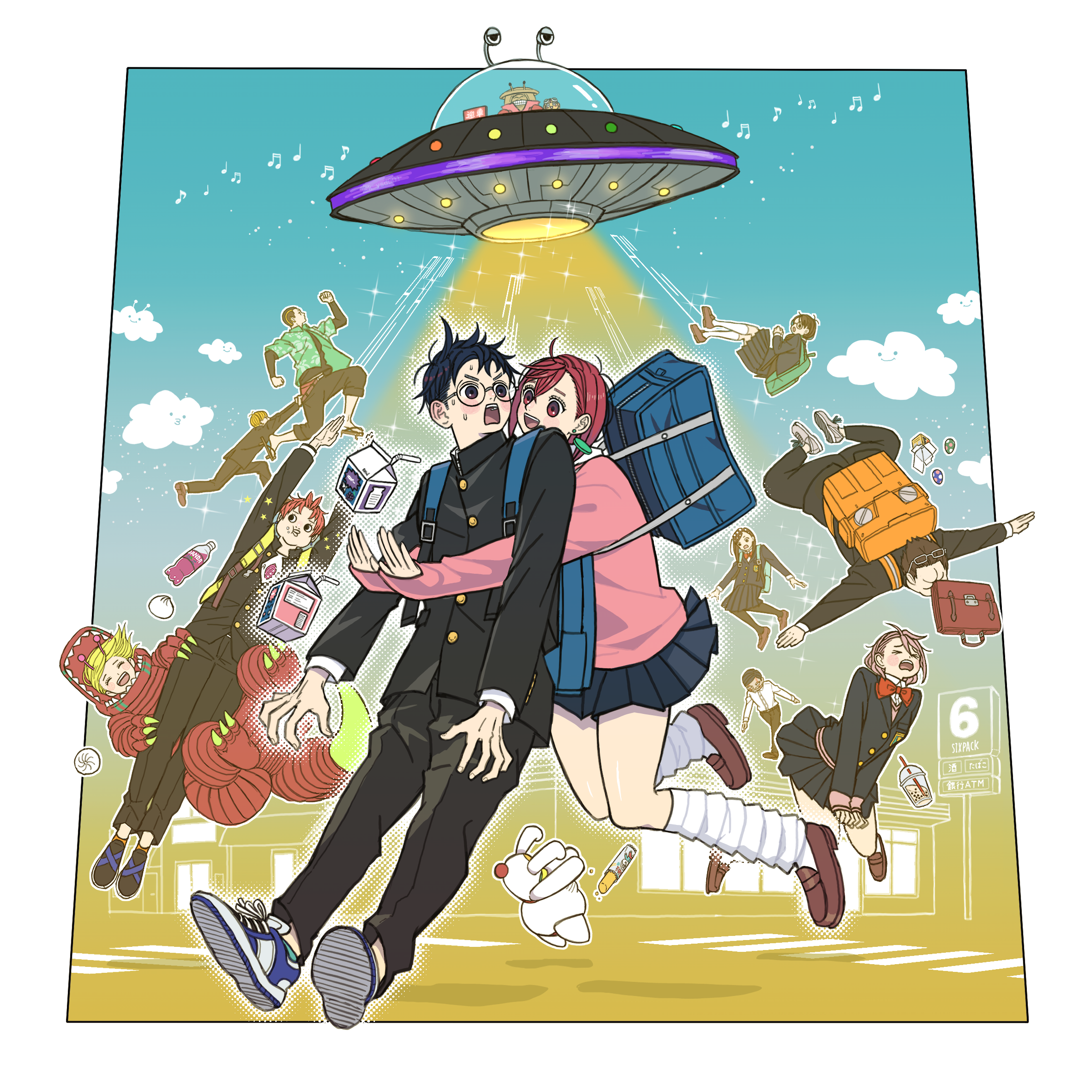 k ysd001, ayase momo, chiquitita, enjoji jin, mr. mantis shrimp, sakata kinta, sawaki rin, serpo (dandadan), shiratori aira (dandadan), takakura ken (dandadan), turbo granny (dandadan), vamola (dandadan), yukishiro kouki, zuma unji, dandadan, absurdres, commentary request, highres, 5boys, 6+girls, alien, antennae, arms up, backpack, bag, beamed eighth notes, black hair, black jacket, black pants, blonde hair, blue skirt, blue sky, blush, border, bottle, bow, bowtie, brown eyes, brown hair, brown shoes, cat, cloud, cloudy sky, drink carton, drinking straw, earrings, eighth note, floating, flying saucer, food, full body, gakuran, glasses, green shirt, hair behind ear, jacket, jewelry, juice box, juice carton, kami high school uniform, kazama raiya, leaning on person, long hair, long sleeves, looking at another, loose socks, maneki-neko, milk carton, miniskirt, multiple boys, multiple girls, musical note, nervous sweating, open clothes, open mouth, open shirt, outside border, outstretched arms, pants, pink hair, pink sweater, pleated skirt, puckered lips, quarter note, red bow, red bowtie, red hair, round eyewear, sandals, school bag, school uniform, shirt, shoes, short hair, skirt, sky, sleeves past wrists, sneakers, socks, spacecraft, sparkle, sweat, sweater, tractor beam, ufo, white border, white socks