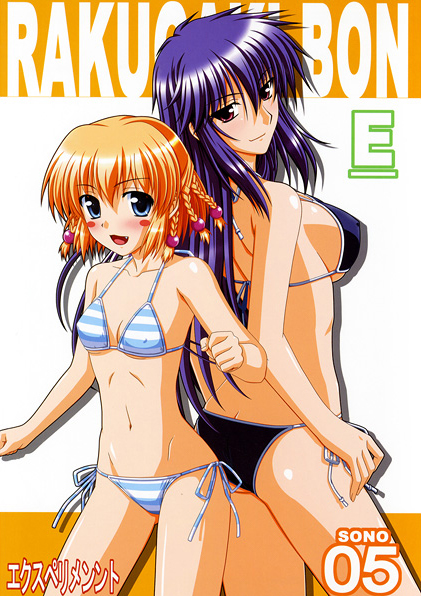 mahiro takeumi, kanisawa kinu, yashi nagomi, tsuyokiss, 2girls, bikini, blonde hair, blue eyes, blush stickers, braid, fang, multiple girls, purple hair, red eyes, striped bikini, striped clothes, swimsuit