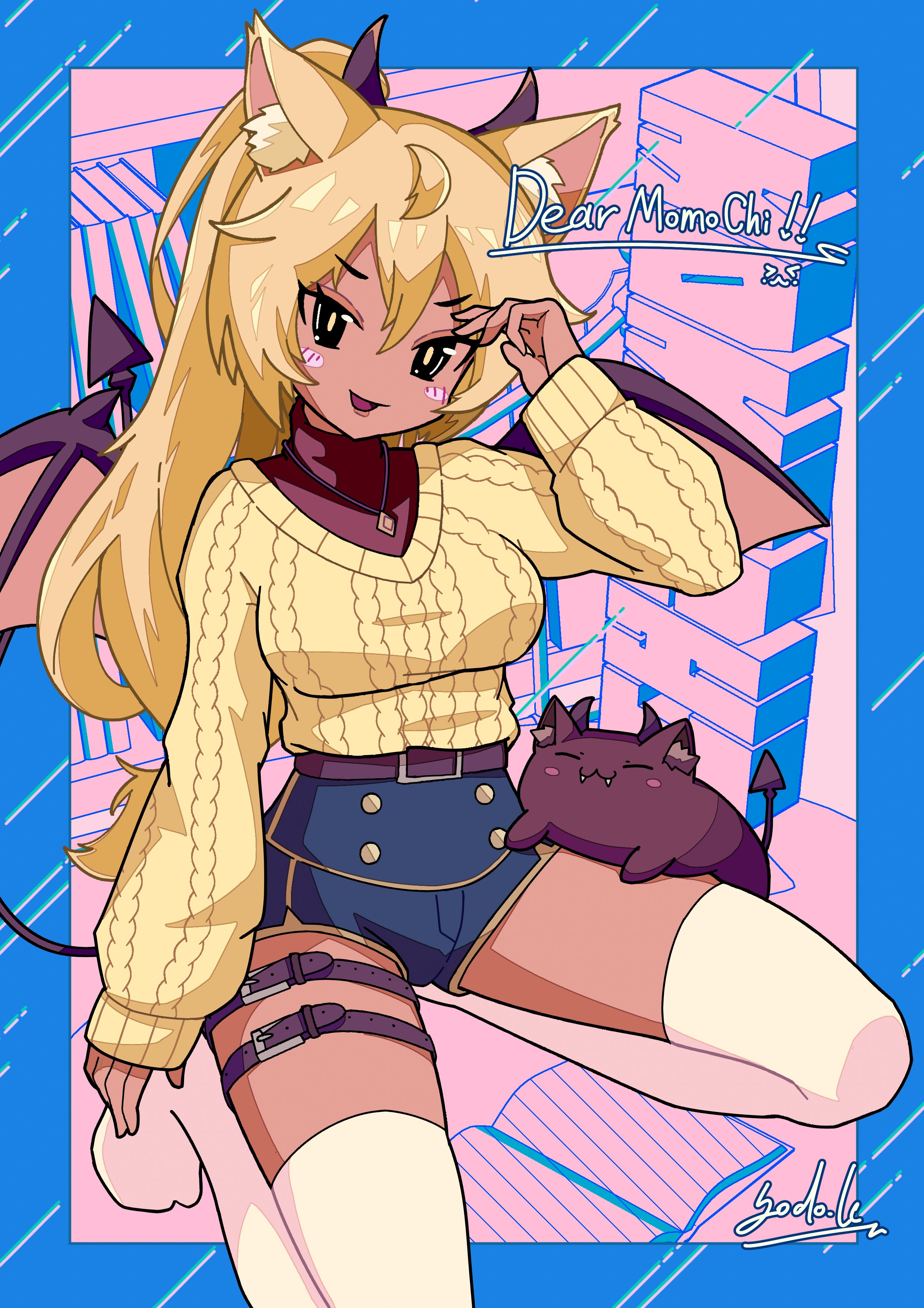 yodok, original, absurdres, commentary, commission, english commentary, highres, skeb commission, 1girl, animal ears, belt, blonde hair, blue shorts, breasts, cat, cat ears, demon girl, demon horns, demon tail, fangs, high-waist shorts, horns, jewelry, kneeling, long hair, looking at viewer, necklace, open mouth, ponytail, shorts, signature, solo, sweater, tail, thigh belt, thigh strap, thighhighs, turtleneck, white thighhighs