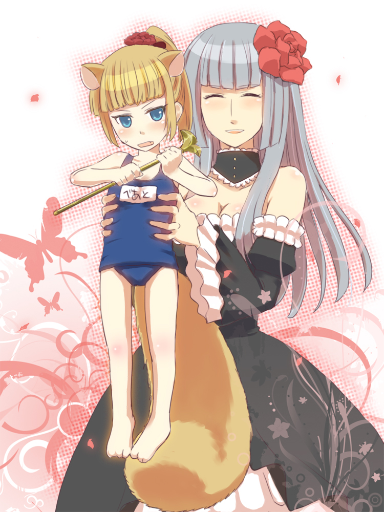 jairo, beatrice (umineko), ushiromiya beatrice, virgilia (umineko), umineko no naku koro ni, silver hair, bad id, bad pixiv id, 00s, 2girls, aged down, animal ears, bare shoulders, blonde hair, blue eyes, cane, cat ears, choker, closed eyes, dress, frills, hair ornament, hime cut, multiple girls, one-piece swimsuit, school swimsuit, strapless, strapless dress, swimsuit, tail