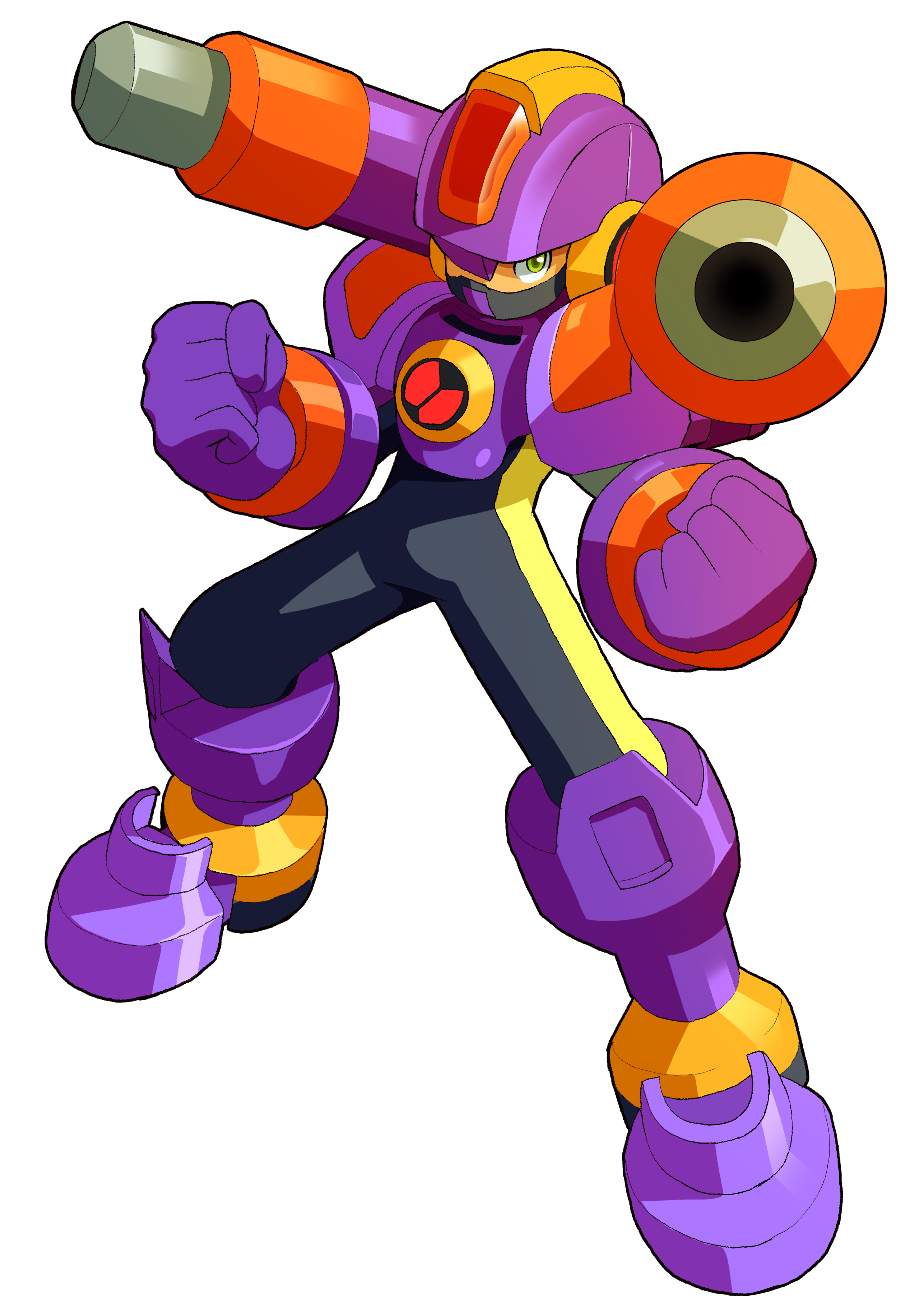 ultimatemaverickx, megaman.exe, napalmman.exe, mega man (series), mega man battle network (series), mega man battle network 5, absurdres, commentary, english commentary, highres, tagme, 1boy, bodysuit, clenched hands, double soul (mega man), green eyes, gun, helmet, legs apart, looking at viewer, mask, mouth mask, netnavi, purple bodysuit, purple helmet, simple background, standing, weapon, white background