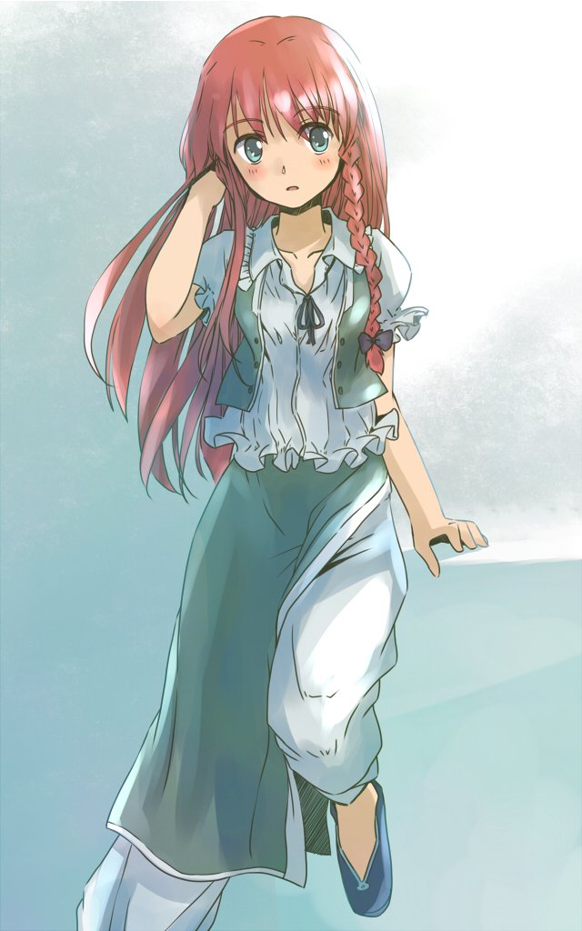 rangycrow, hong meiling, touhou, commentary request, 1girl, blue shoes, braid, collared shirt, frilled shirt collar, frills, green eyes, green skirt, green vest, hair half undone, hand in own hair, hand up, leaning on object, leg up, long hair, no headwear, one-hour drawing challenge, open clothes, open vest, pants, puffy short sleeves, puffy sleeves, red hair, shirt, shoes, short sleeves, side slit, sideways glance, single braid, skirt, solo, vest, white pants, white shirt