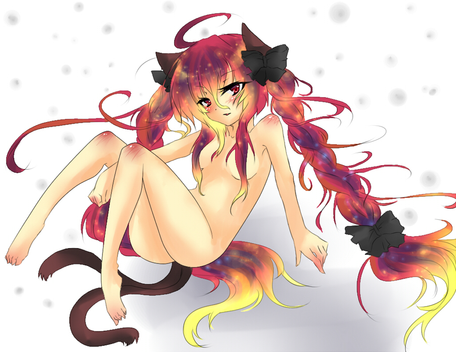 nanato, kaenbyou rin, touhou, bad id, bad pixiv id, 1girl, animal ears, ass, braid, breasts, cat ears, cat girl, cat tail, female focus, full body, gradient background, gradient hair, long hair, multicolored hair, multiple tails, nude, solo, tail, twin braids, twintails, white background