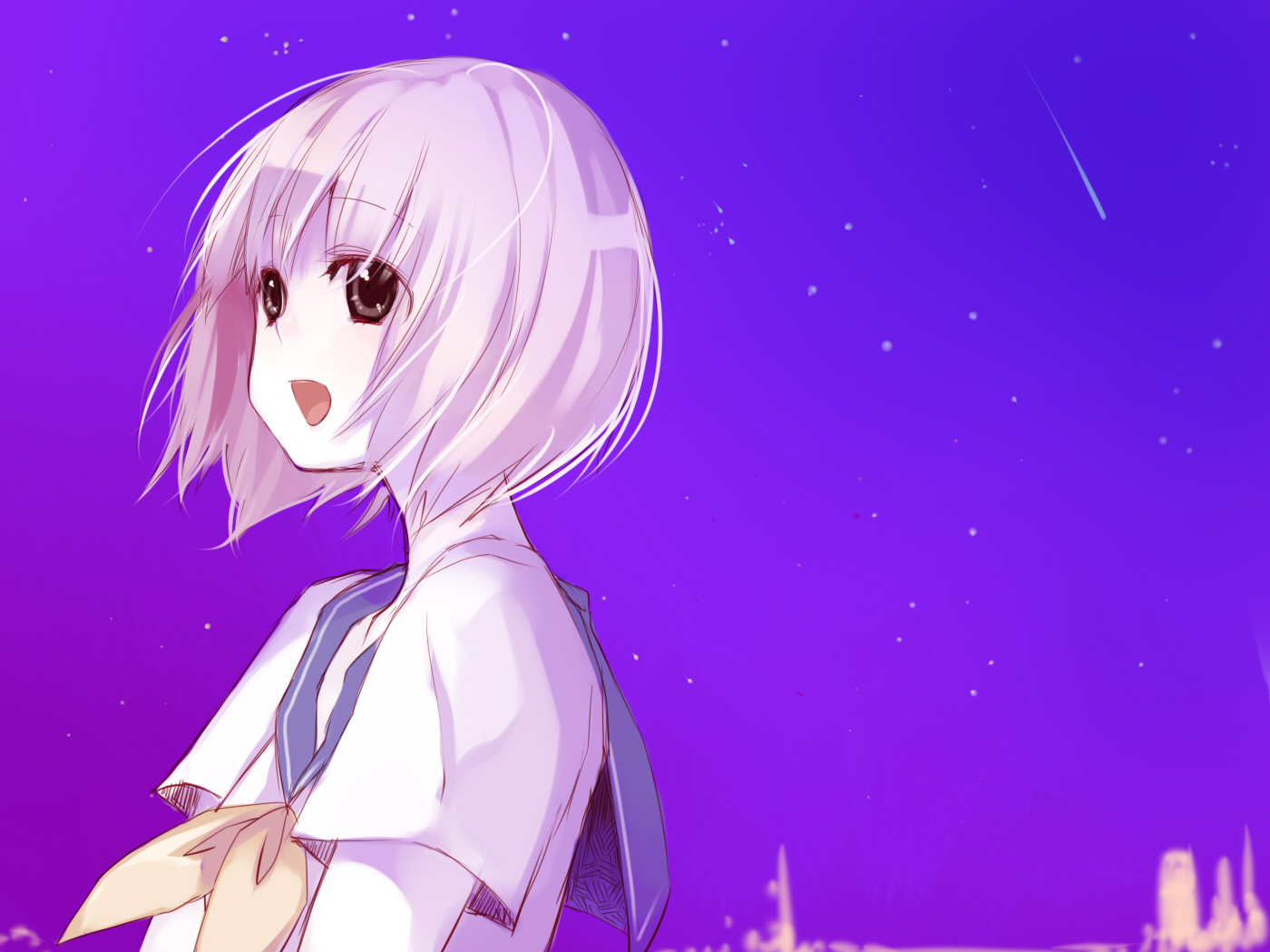 itou nanami, original, bad id, bad pixiv id, black eyes, night, school uniform, serafuku, shooting star, sky, smile, solo, white hair