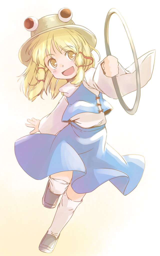 rangycrow, moriya suwako, touhou, commentary request, 1girl, :d, black shoes, blonde hair, blue skirt, blue vest, blush, brown hat, full body, hair ribbon, hat, holding, holding jewelry, holding ring, jewelry, long hair, long sleeves, moriya's iron rings, one-hour drawing challenge, open mouth, red ribbon, ribbon, ring, running, shirt, shoes, sidelocks, sideways glance, skirt, smile, socks, solo, straw hat, thighhighs, vest, white shirt, white socks, yellow background