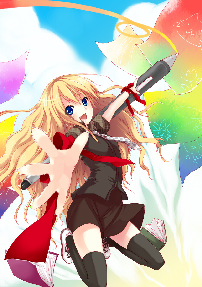 itou nanami, original, argyle, plaid, bad id, bad pixiv id, highres, 1girl, black thighhighs, blonde hair, blue eyes, book, cat, colorful, fang, female focus, fish, flower, foreshortening, long hair, multicolored nails, nail polish, necktie, outstretched arms, outstretched hand, paper, pen, reaching, ribbon, skirt, smile, solo, thighhighs, zettai ryouiki