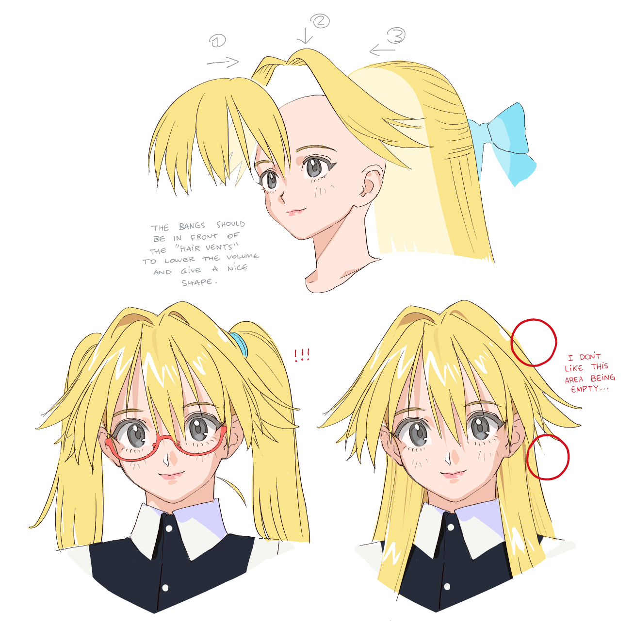 conto, catherine (conto), original, bald female, highres, 1girl, bald, blonde hair, blue bow, bow, circle, glasses, hair between eyes, hair bow, hair intakes, head only, long hair, looking at viewer, maid, multiple views, red-framed eyewear, reference sheet, semi-rimless eyewear, smile, twintails, under-rim eyewear, white background