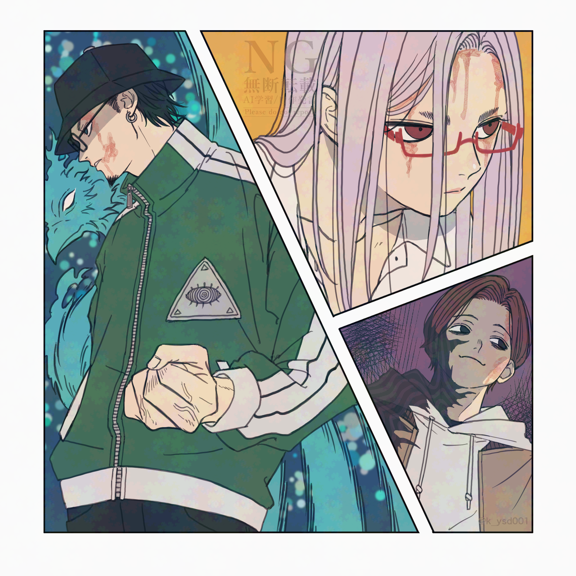 k ysd001, ayase seiko, dandadan, commentary request, highres, 1girl, 2boys, bags under eyes, black hat, black pants, blood, blood on face, brown eyes, brown hair, brown jacket, clenched hand, closed mouth, collared shirt, earrings, facial hair, glasses, green jacket, grey hair, hand in pocket, hat, hood, hoodie, hoop earrings, jacket, jacket over hoodie, jewelry, kashimoto (dandadan), long hair, multiple boys, pants, parted bangs, parted lips, payase (dandadan), shirt, smile, track jacket, upper body, veins, veiny hands, white hoodie, white shirt