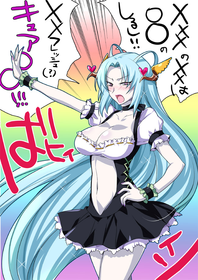 ffc, kita nayuta, northa, northa (fresh precure!), fresh precure!, precure, 00s, 1girl, blue hair, blush, breasts, cleavage, crying, dress, embarrassed, female focus, gradient background, large breasts, long hair, open mouth, pale skin, puffy sleeves, red eyes, solo, standing, tears, very long hair, wrist cuffs