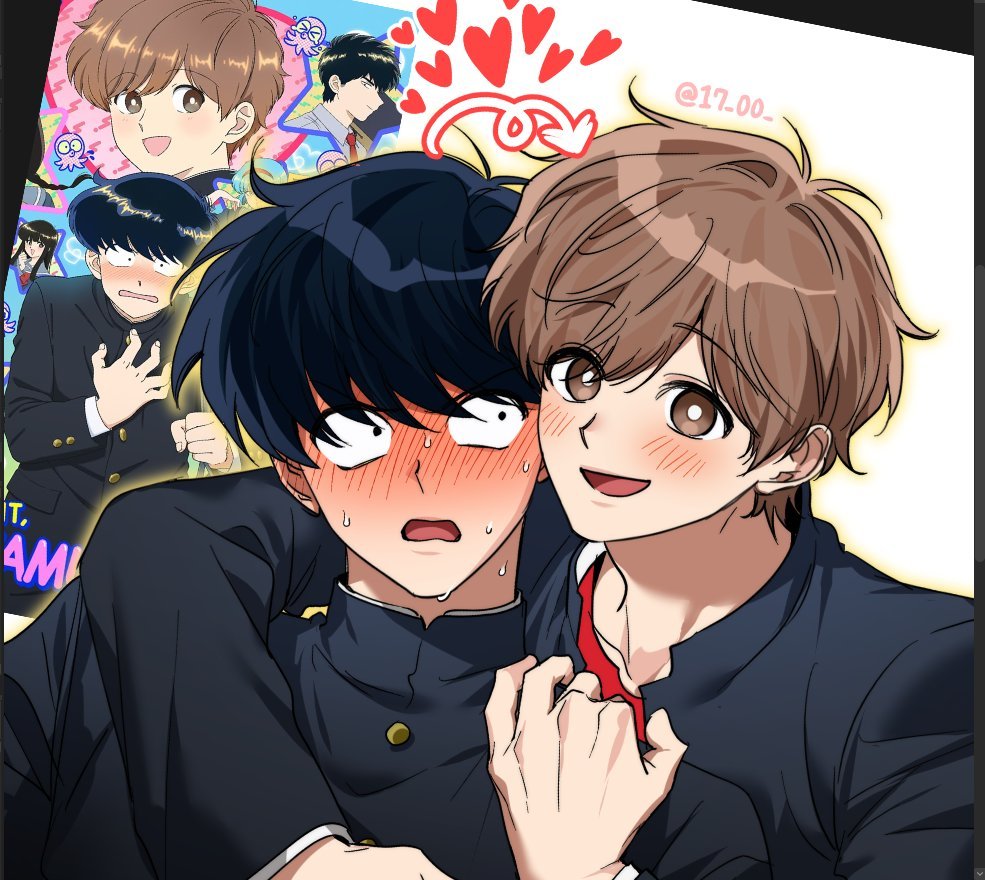 17 00, hirose aiki, nakamura okuto, ganbare! nakamura-kun!!, commentary request, korean commentary, 2boys, arrow (symbol), black hair, black jacket, blush, bright pupils, brown eyes, brown hair, ear blush, flustered, gakuran, hair between eyes, heart, hug, hug from behind, jacket, looking at another, looking at viewer, male focus, multiple boys, open mouth, red shirt, school uniform, shirt, short hair, smile, sweat, twitter username, white pupils, yaoi