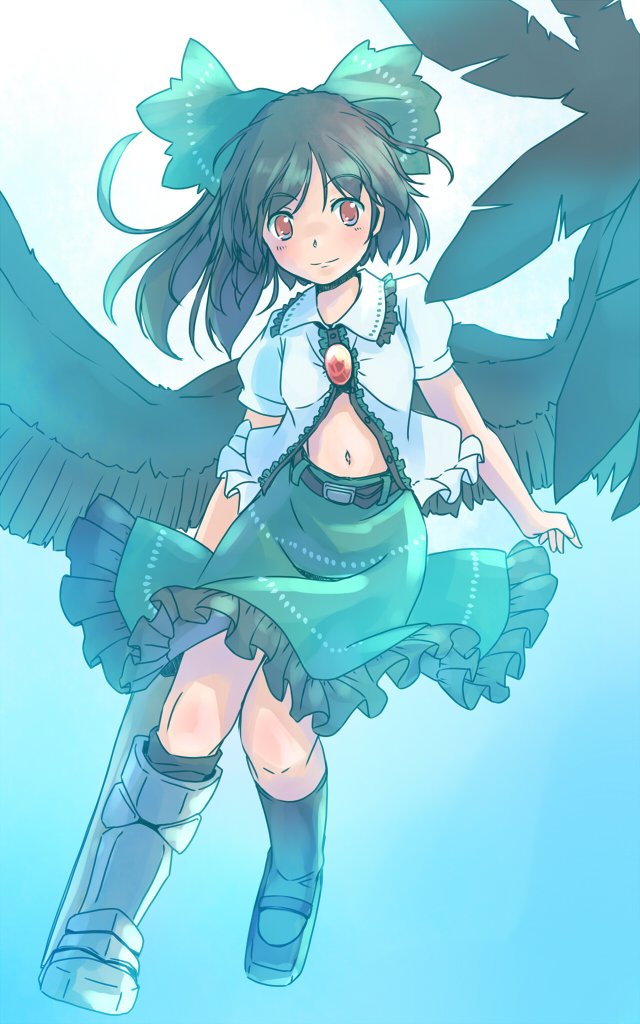 rangycrow, reiuji utsuho, touhou, commentary request, 1girl, arm cannon, armored boots, belt, black belt, black hair, black shoes, black socks, black wings, blue background, blush, boots, bow, collared shirt, feathered wings, frilled shirt collar, frills, full body, gradient background, green bow, green skirt, hair bow, kneehighs, long hair, midriff, one-hour drawing challenge, open clothes, open shirt, orange eyes, partially unbuttoned, ponytail, puffy short sleeves, puffy sleeves, shirt, shoes, short sleeves, skirt, smile, socks, solo, split mouth, third eye on chest, weapon, white shirt, wings