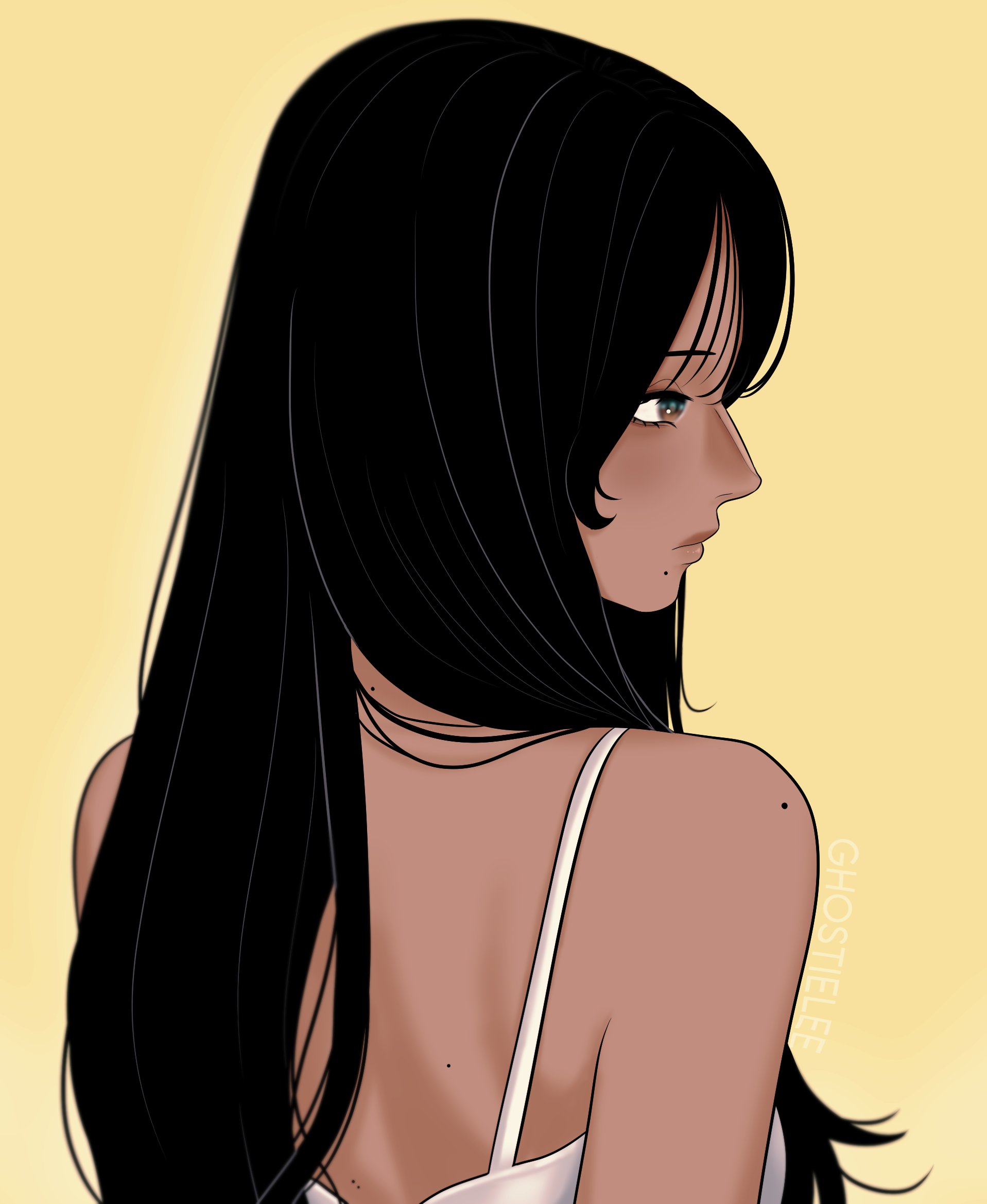 ghostieleeghost, nico robin, one piece, commentary, highres, 1girl, back, black hair, blunt bangs, brown eyes, closed mouth, long hair, mole, mole on back, simple background, solo, spaghetti strap, twitter username, yellow background