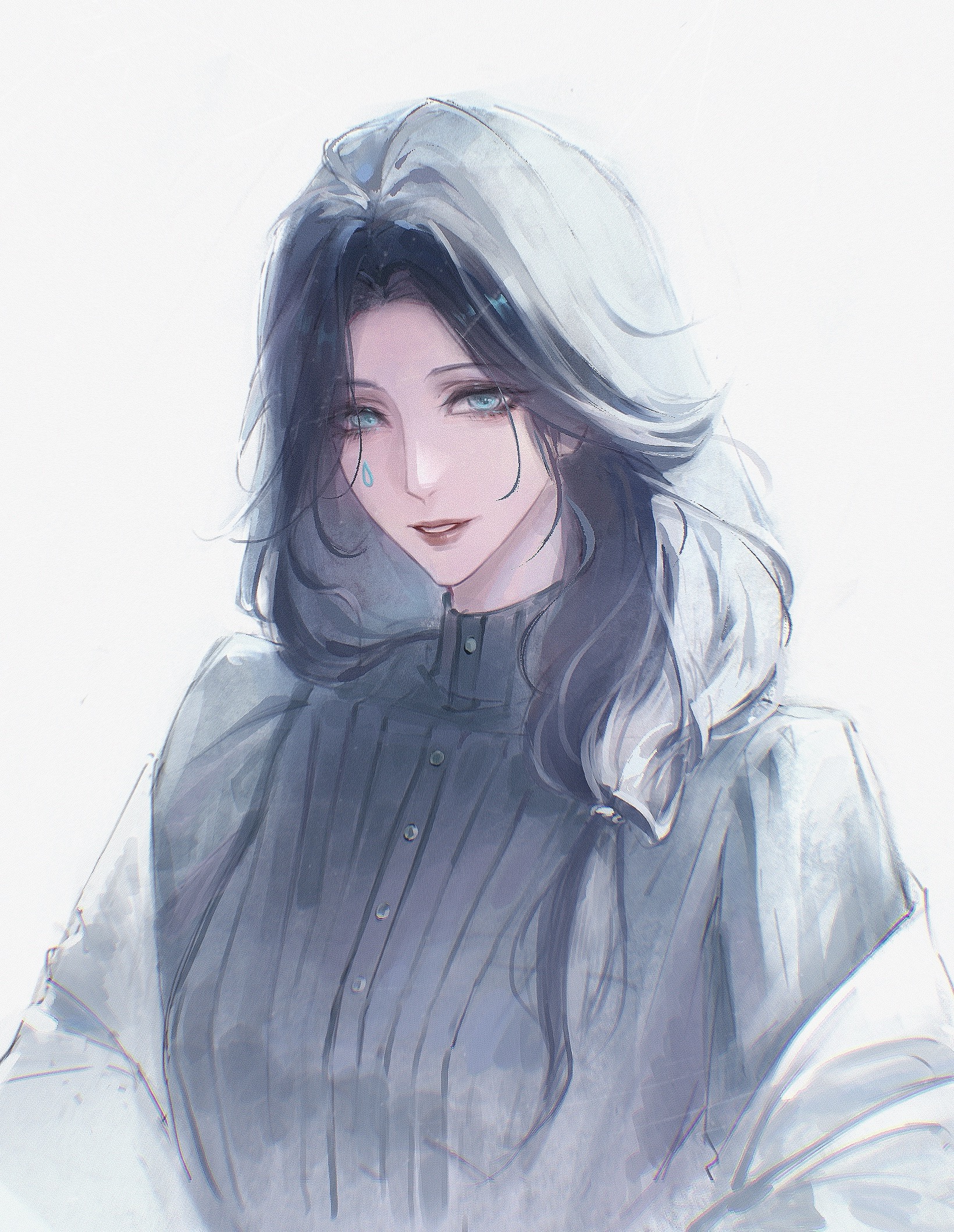 mingzi cmmm, jelena (path to nowhere), path to nowhere, highres, 1girl, alternate costume, aqua eyes, black hair, black sweater, curtained hair, forehead, grey background, hair over shoulder, long hair, looking at viewer, low-tied long hair, off shoulder, parted bangs, parted lips, simple background, smile, solo, sweater, teardrop facial mark, turtleneck, turtleneck sweater, upper body, vertical-striped sweater