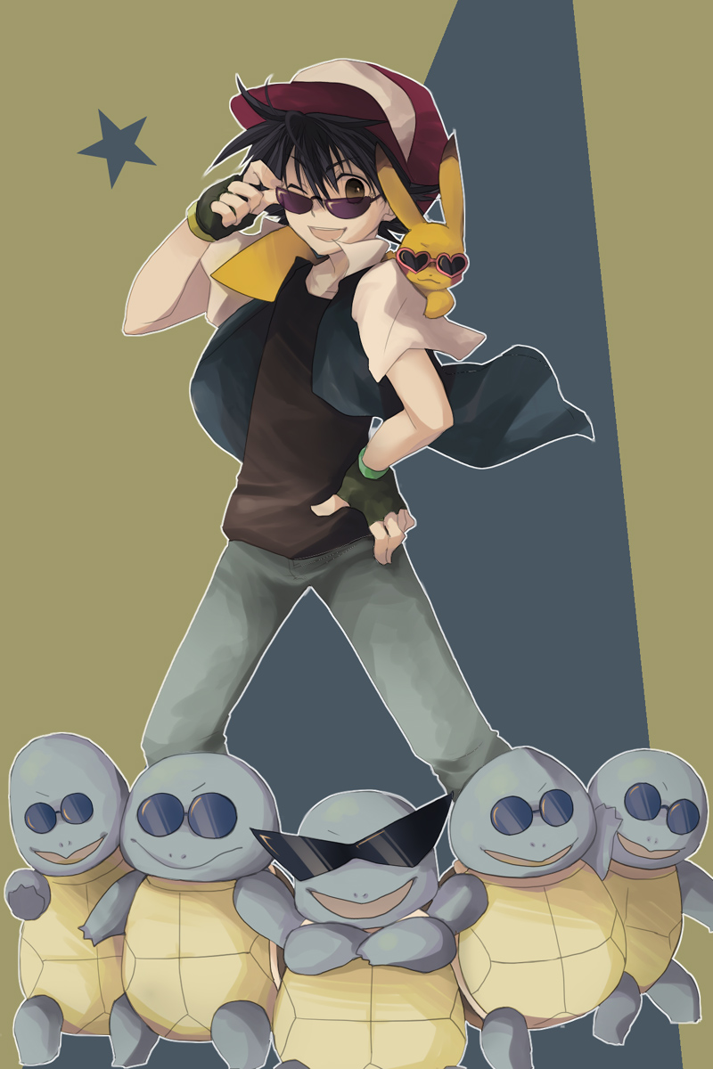 jikei, ash ketchum, pikachu, squirtle, squirtle squad, nintendo, pokemon, pokemon (anime), highres, 1boy, baseball cap, black hair, brown eyes, child, fingerless gloves, gen 1 pokemon, glasses, gloves, groucho glasses, hat, kamina shades, male focus, one eye closed, open mouth, parody, pokemon (creature), smile, sunglasses, triangular eyewear, wink