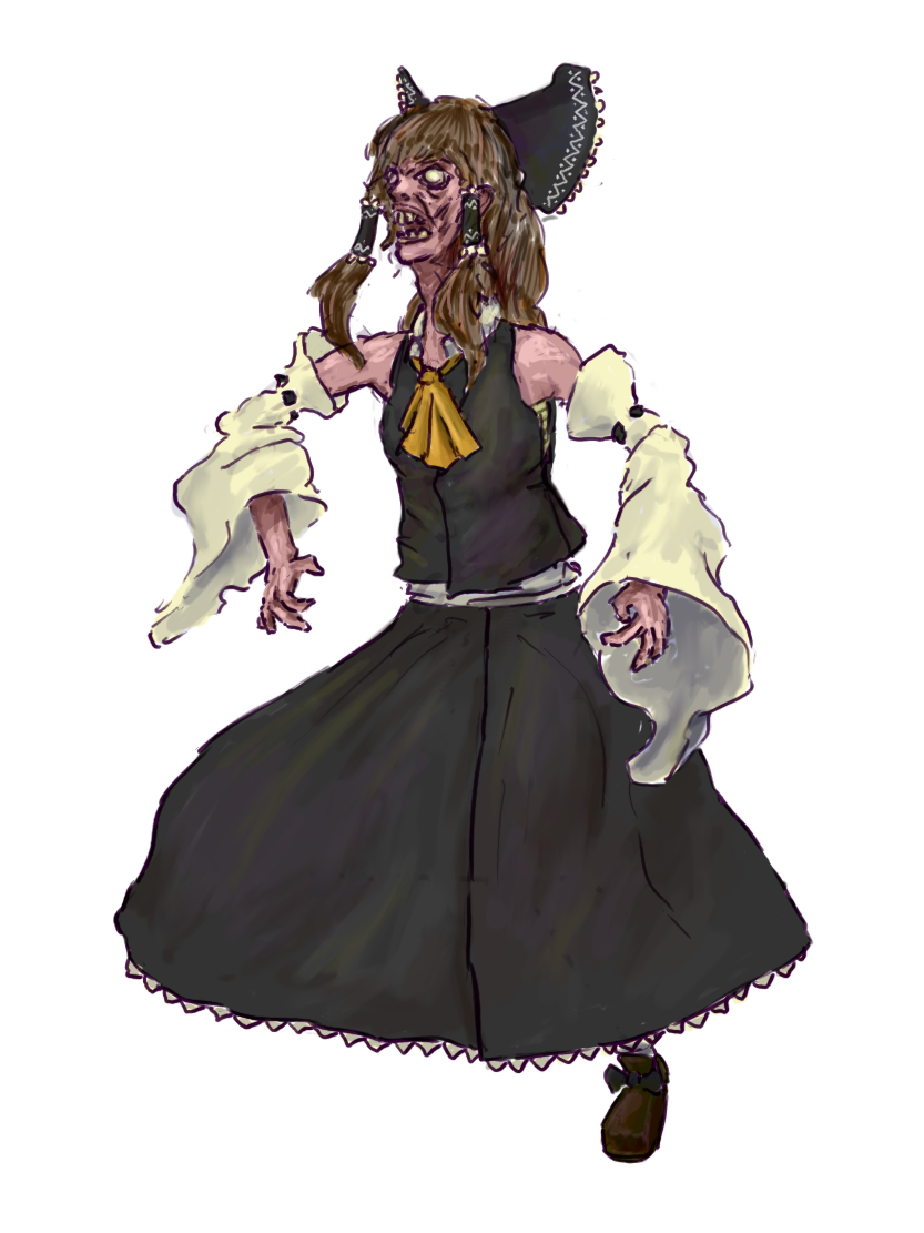 hakurei reimu, touhou, 1girl, alternate color, brown hair, detached sleeves, female focus, full body, japanese clothes, miko, simple background, solo, white background, white eyes, zombie