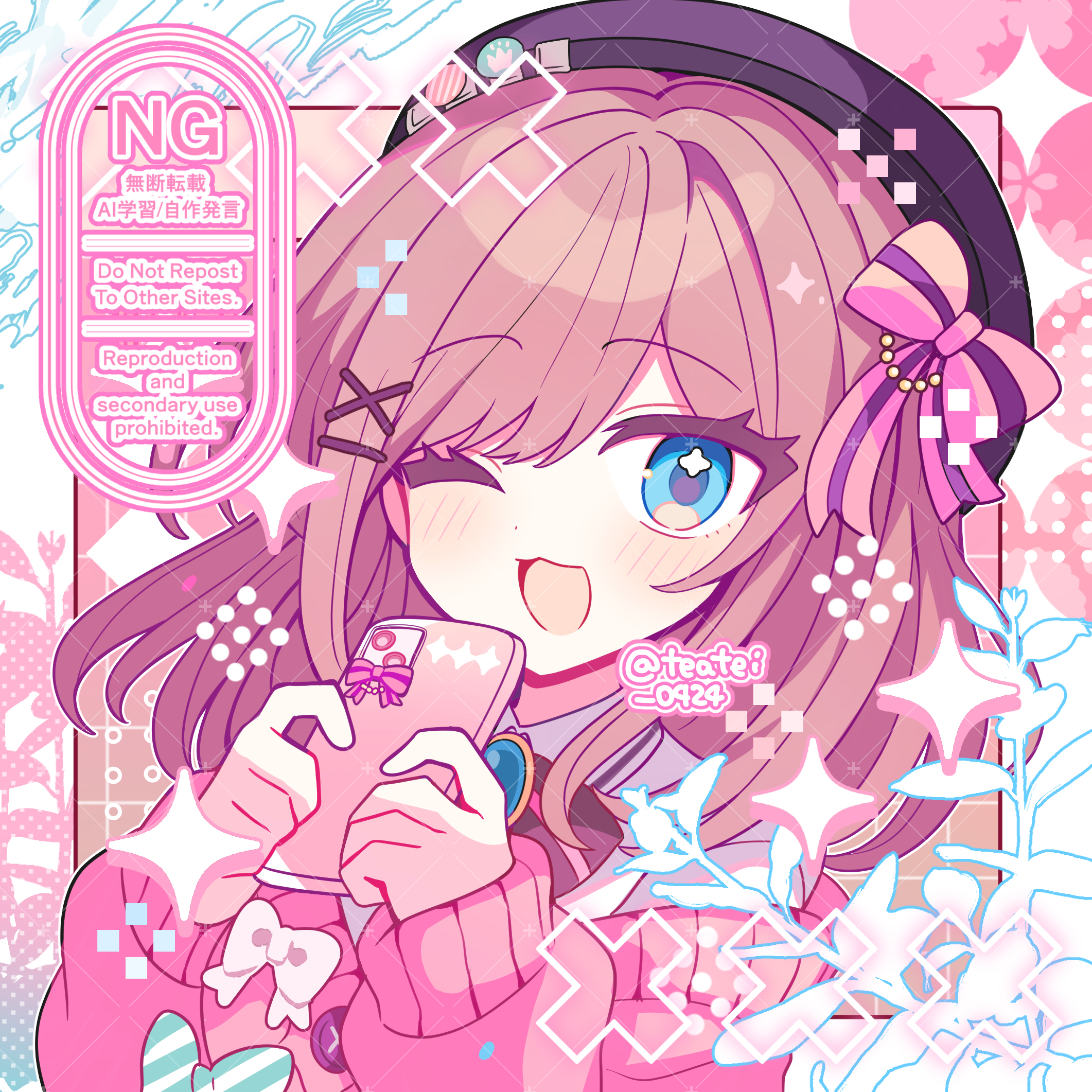 shirocha tei, suzuhara lulu, suzuhara lulu (1st costume), nijisanji, commentary request, highres, 1girl, ;d, black bow, black bowtie, black hat, blue eyes, blush, bow, bowtie, brown hair, cellphone, dot nose, green bow, hair bow, hat, holding, holding phone, long hair, long sleeves, looking at viewer, one eye closed, open mouth, outline, phone, pink bow, pink sweater, portrait, smartphone, smile, solo, sparkle, striped bow, sweater, twitter username, virtual youtuber, watermark, white bow, white outline