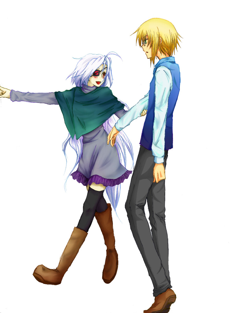 sueyoshi, jin kisaragi, kisaragi jin, nu-13, arc system works, blazblue, blazblue: calamity trigger, silver hair, 1boy, 1girl, blonde hair, eyepatch, glasses, green eyes, long hair, poncho, red eyes, thighhighs, very long hair