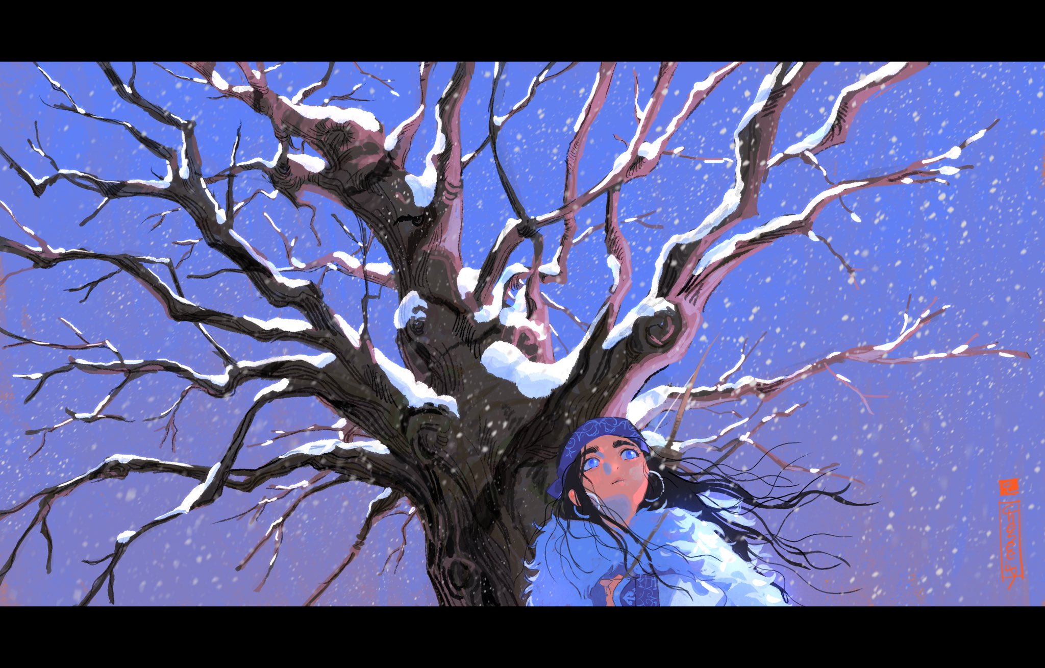 cheseely, asirpa, golden kamuy, commentary, english commentary, highres, 1girl, ainu clothes, bandana, bare tree, black border, black hair, blue bandana, blue eyes, border, branch, cape, cloak, cold, earrings, floating hair, from below, fur cape, fur cloak, gradient sky, headband, hoop earrings, jewelry, long hair, long sleeves, multicolored sky, outdoors, scenery, signature, sky, snow, snow on tree, snowing, tree, upper body, white fur, wide shot, winter