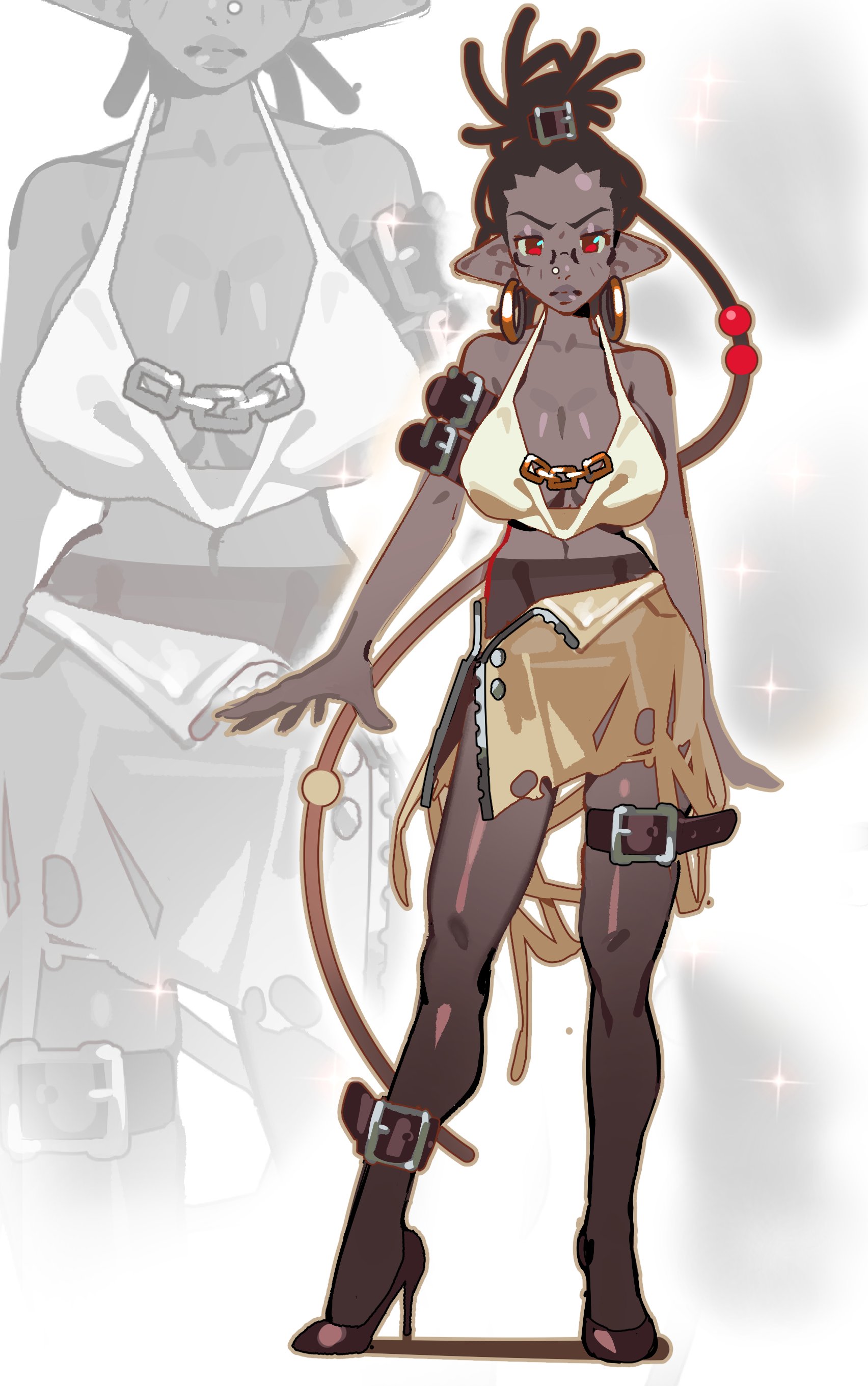 linesharkart, original, absurdres, commentary, english commentary, highres, 1girl, arm belt, belt, black belt, bra, breasts, chain, claws, cleavage, colored skin, crop top, dark-skinned female, dark skin, dreadlocks, earrings, fingernails, frown, full body, gold earrings, grey skin, hair bobbles, hair ornament, halterneck, hoop earrings, jewelry, large breasts, leg belt, long fingernails, long hair, looking at viewer, lucy (lineshark), multiple belts, navel, pantyhose, pointy ears, red eyes, sharp fingernails, shoes, skirt, solo, standing, thigh belt, thigh strap, torn clothes, torn skirt, underwear, v-shaped eyebrows, vampire, very dark skin, very long hair, white bra, white skirt, zipper skirt