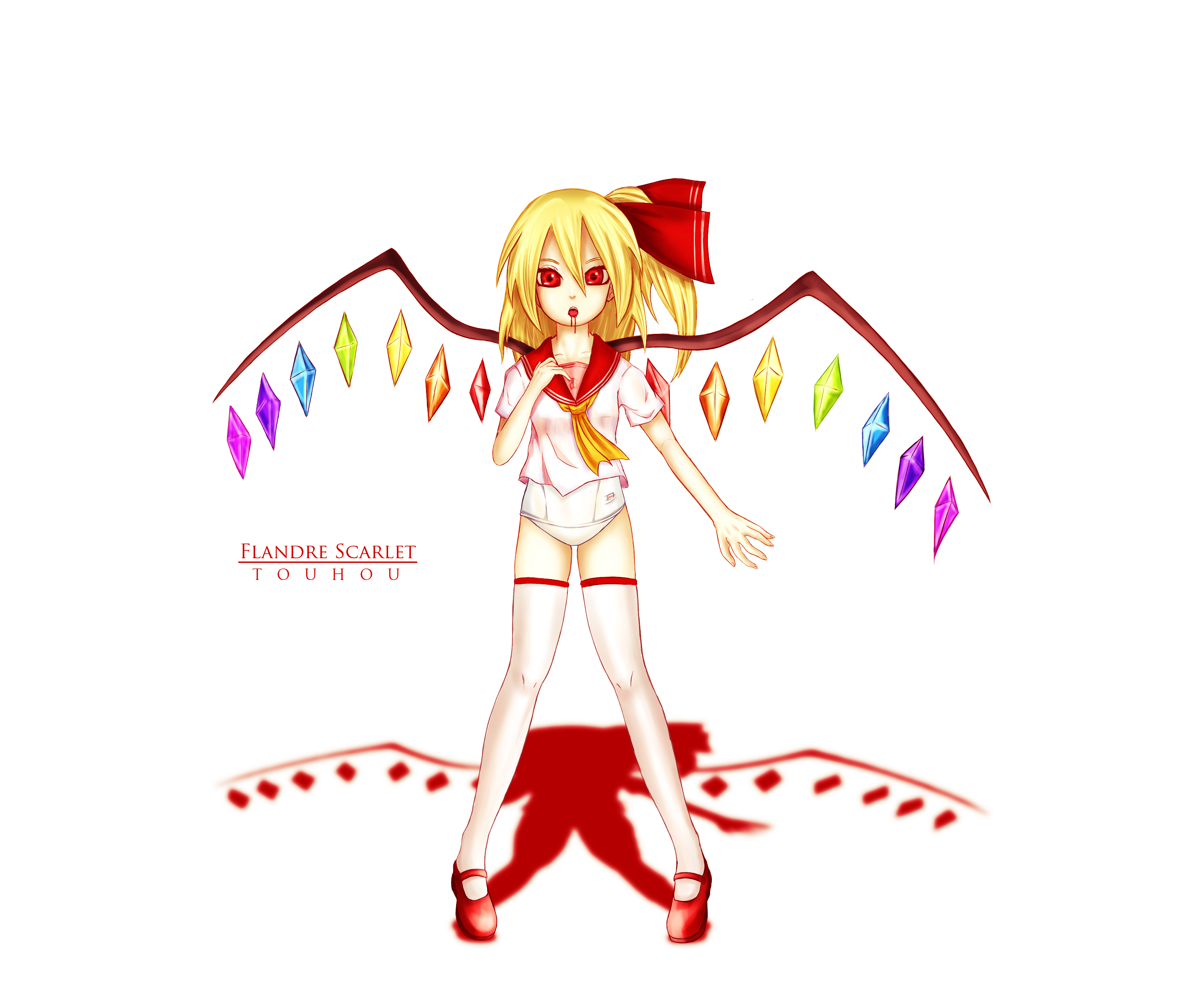 aeji mashimaro, flandre scarlet, touhou, highres, tagme, 1girl, female focus, one-piece swimsuit, school swimsuit, school uniform, solo, swimsuit, white background