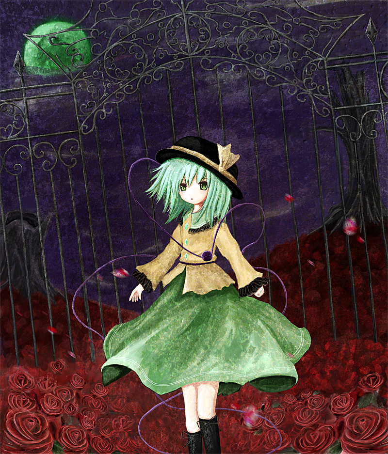 shippu man, shippu man (artist), komeiji koishi, touhou, 1girl, boots, bow, dress, female focus, flower, full moon, gate, green eyes, green hair, hair bow, hat, hat ribbon, legs, long sleeves, matching hair/eyes, moon, night, petals, ribbon, rose, solo, string, tree, wide sleeves, wind