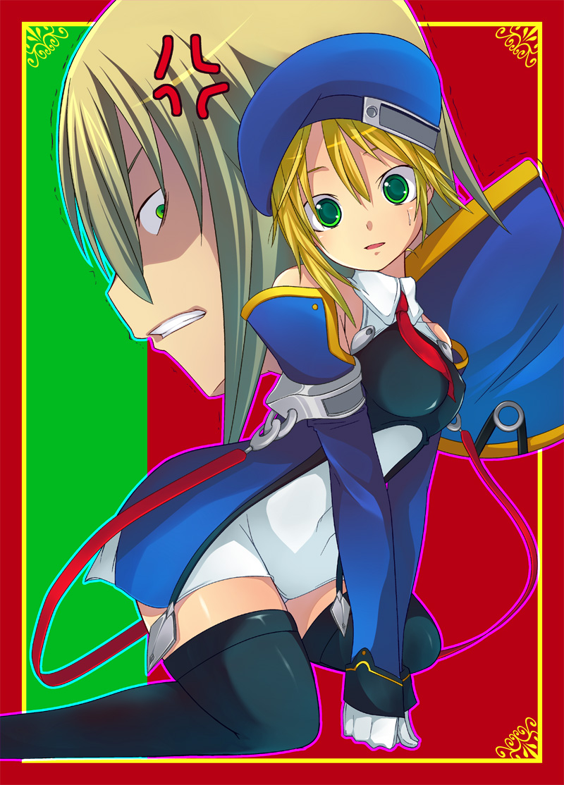 minami kunimusu, kisaragi jin, noel vermillion, arc system works, blazblue, blazblue: calamity trigger, 1boy, 1girl, anger vein, angry, beret, blonde hair, detached sleeves, gloves, green eyes, hat, military, military uniform, necktie, panties, short hair, thighhighs, underwear, white gloves
