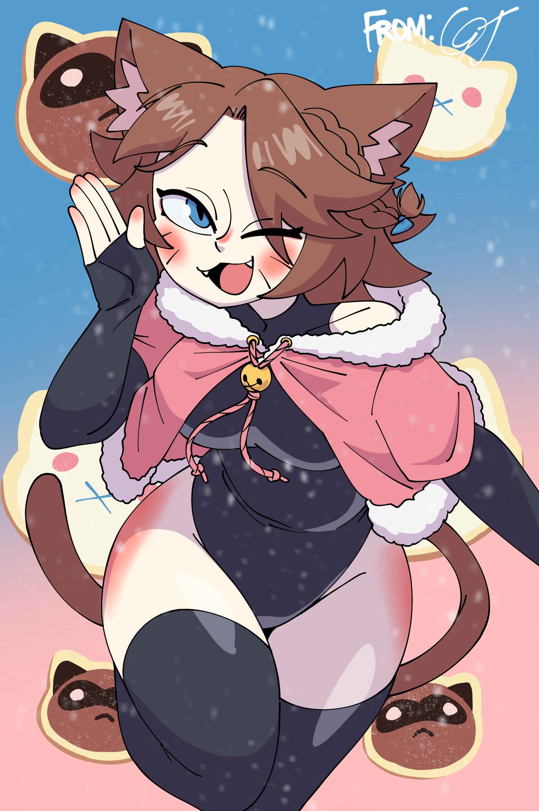 qtip xd, whimzee (vtuber), indie virtual youtuber, absurdres, commentary, english commentary, highres, 1girl, animal ears, black leotard, black thighhighs, brown hair, capelet, cat ears, cat girl, collarbone, fangs, fingerless gloves, fur-trimmed capelet, fur trim, gloves, leotard, looking at viewer, one eye closed, open mouth, pink capelet, short hair, solo, thighhighs, virtual youtuber, whiskers