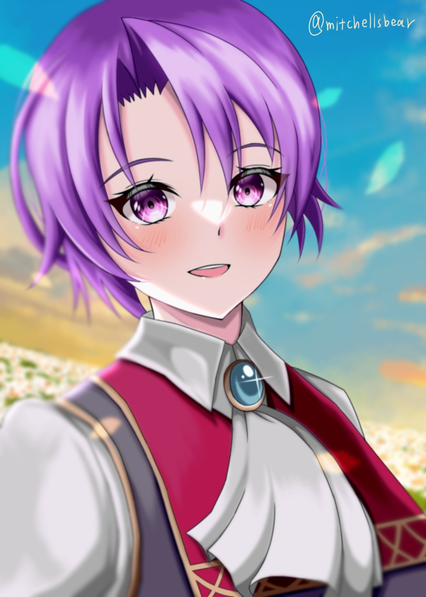 kloe rinz, akatsuki no kiseki, eiyuu densetsu, falcom, sora no kiseki, commentary request, highres, 1girl, ascot, brooch, curtained hair, jewelry, looking at viewer, mitchellsbear, open mouth, parted bangs, portrait, purple eyes, purple hair, short hair, simple background, smile, white ascot