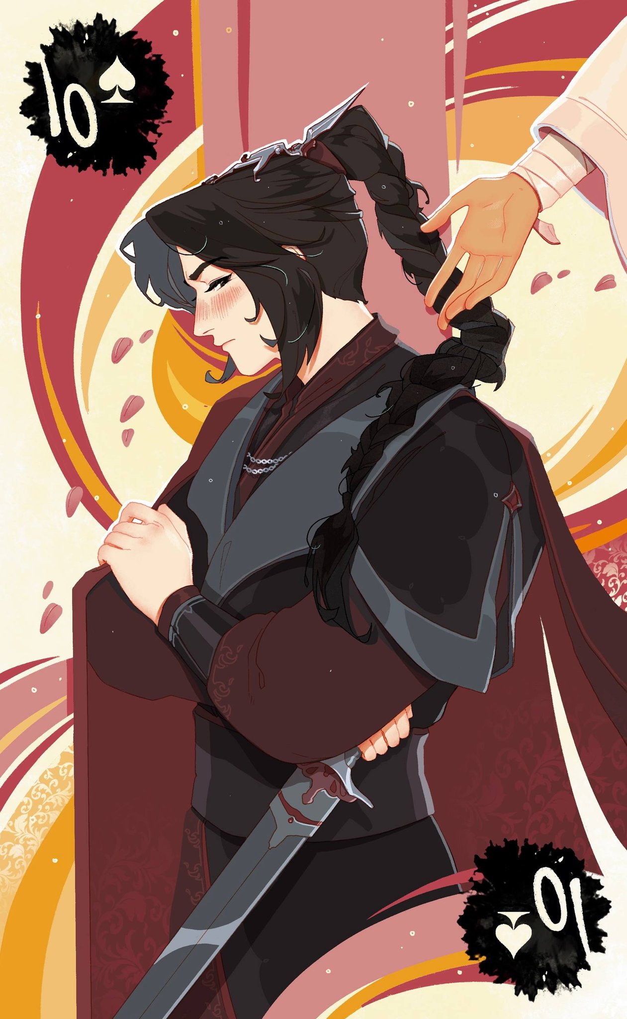 amonimy, mu qing (tianguan cifu), xie lian, tianguan cifu, commentary, highres, 2boys, bandaged arm, bandages, black eyes, black hair, black hanfu, blush, bracer, braid, braided ponytail, cape, card (medium), chain, chinese clothes, closed mouth, cowboy shot, crossed arms, frown, hair ornament, hanfu, high ponytail, holding, holding sword, holding weapon, layered clothes, layered sleeves, long sleeves, male focus, multiple boys, narrowed eyes, outstretched hand, parted bangs, petals, ponytail, profile, puffy long sleeves, puffy sleeves, red background, red cape, red hanfu, red petals, russian commentary, short over long sleeves, short sleeves, solo focus, spade (shape), sword, ten of spades, warm colored, weapon, white hanfu, xiao guan (headdress), yellow background