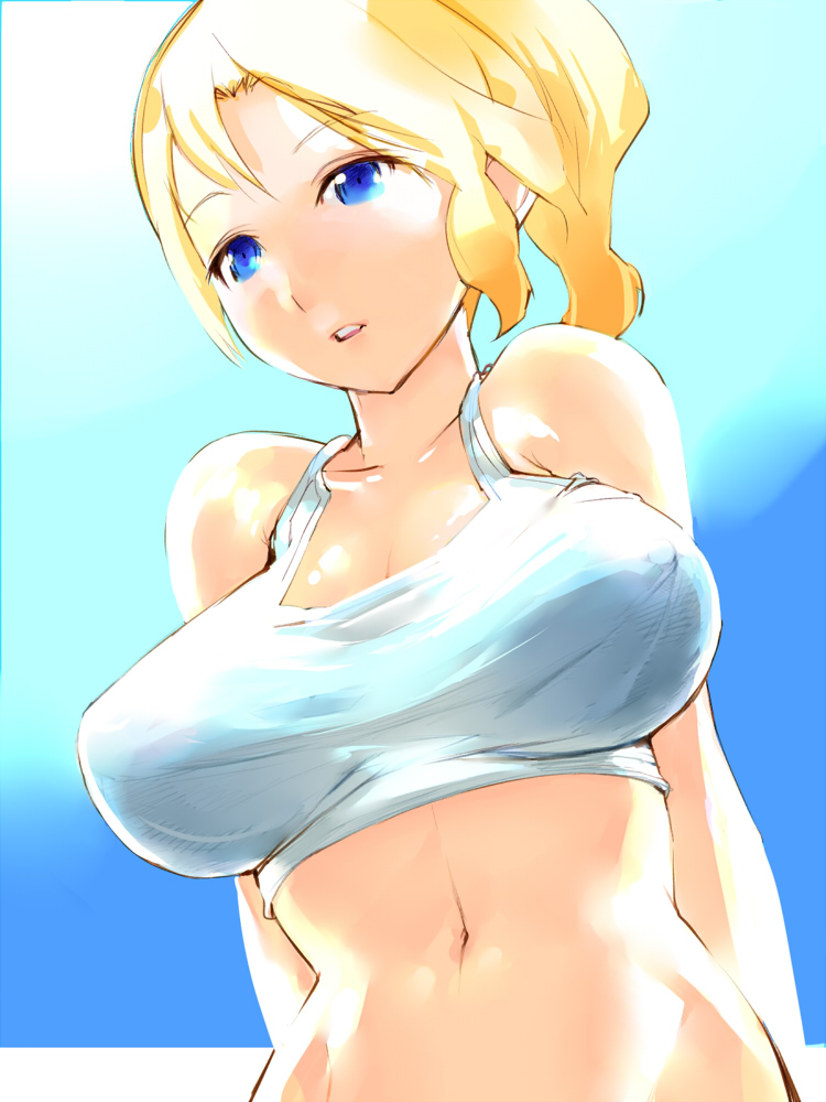 igarashi mangou, original, 1girl, bare shoulders, blonde hair, blue eyes, breasts, breasts apart, female focus, huge breasts, long hair, navel, ponytail, solo