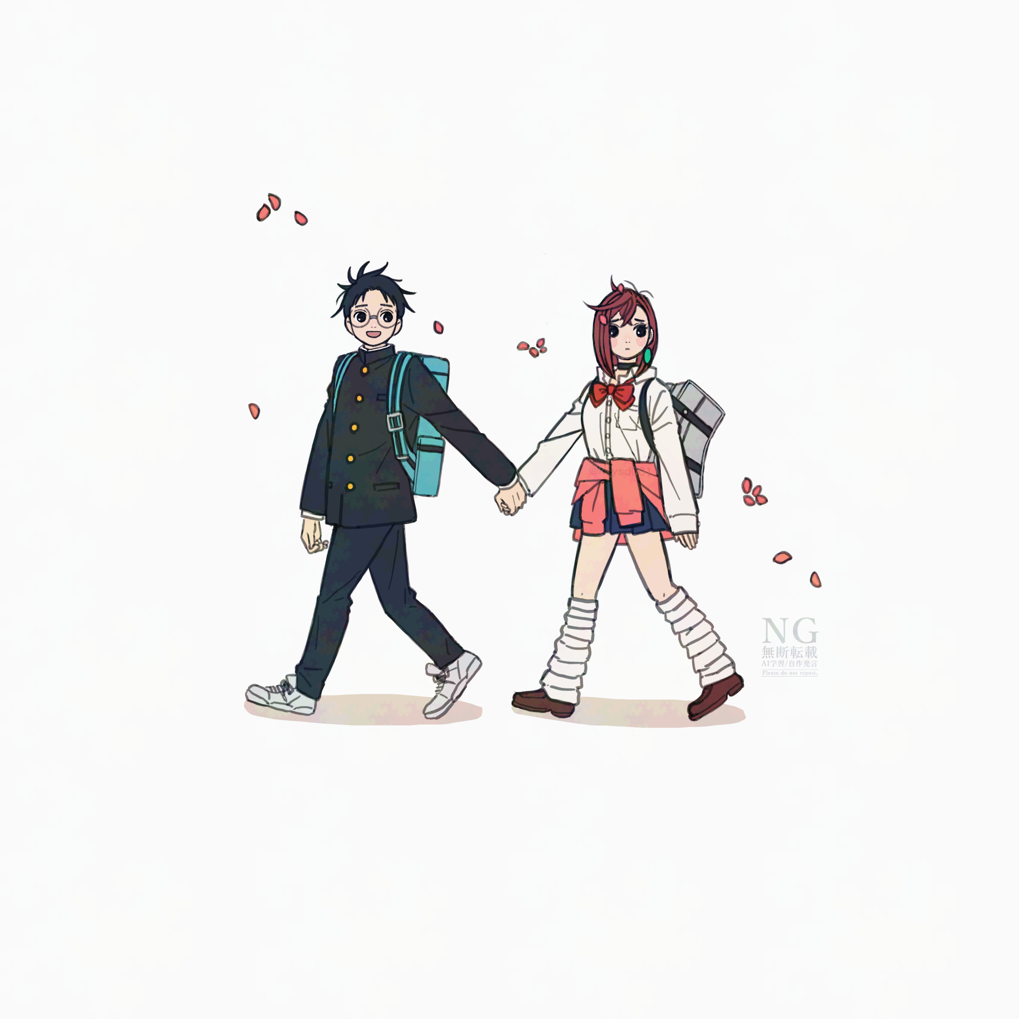 k ysd001, ayase momo, takakura ken (dandadan), dandadan, commentary request, highres, 1boy, 1girl, backpack, bag, black choker, black hair, black jacket, black pants, blue bag, blue skirt, bow, bowtie, breasts, brown eyes, brown hair, brown shoes, choker, clothes around waist, collared shirt, earrings, falling petals, full body, gakuran, glasses, grey bag, holding hands, jacket, jewelry, kami high school uniform, loafers, long sleeves, looking to the side, loose bowtie, loose socks, medium breasts, medium hair, messy hair, open mouth, pants, petals, pink petals, pink sweater, pleated skirt, red bow, red bowtie, round eyewear, school uniform, shirt, shoes, short hair, simple background, skirt, sleeves past wrists, sneakers, socks, sweater, sweater around waist, walking, watermark, white background, white shirt, white shoes, white socks