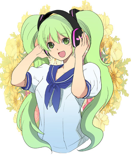 kikuyarou, hatsune miku, vocaloid, bad id, bad pixiv id, 1girl, female focus, green eyes, green hair, headphones, long hair, matching hair/eyes, open mouth, school uniform, serafuku, smile, solo, twintails