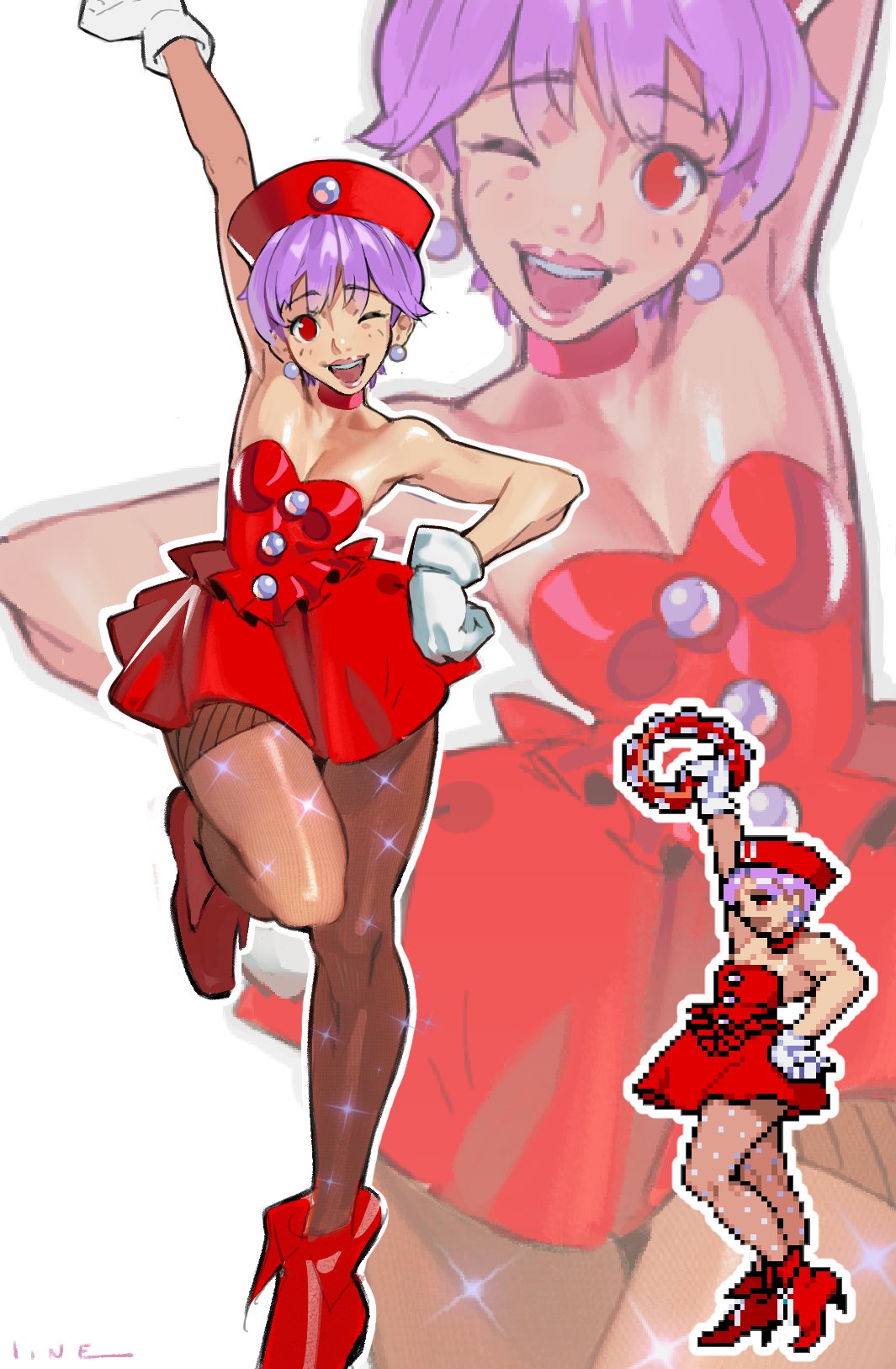 linesharkart, lilith (darkstalkers), darkstalkers, commentary, english commentary, highres, 1girl, arm up, bare shoulders, breasts, choker, cleavage, dress, earrings, flat chest, full body, gloves, hand on own hip, hat, high heels, holding tambourine, jewelry, looking at viewer, nurse cap, official alternate costume, one eye closed, open mouth, pantyhose, pearl earrings, pearl ornament, pixel art inset, purple hair, red choker, red dress, red eyes, red hat, red shoes, reference inset, shoes, short hair, smile, solo, sparkle, sphere earrings, sprite, standing, standing on one leg, strapless, strapless dress, teeth, upper teeth only, white gloves