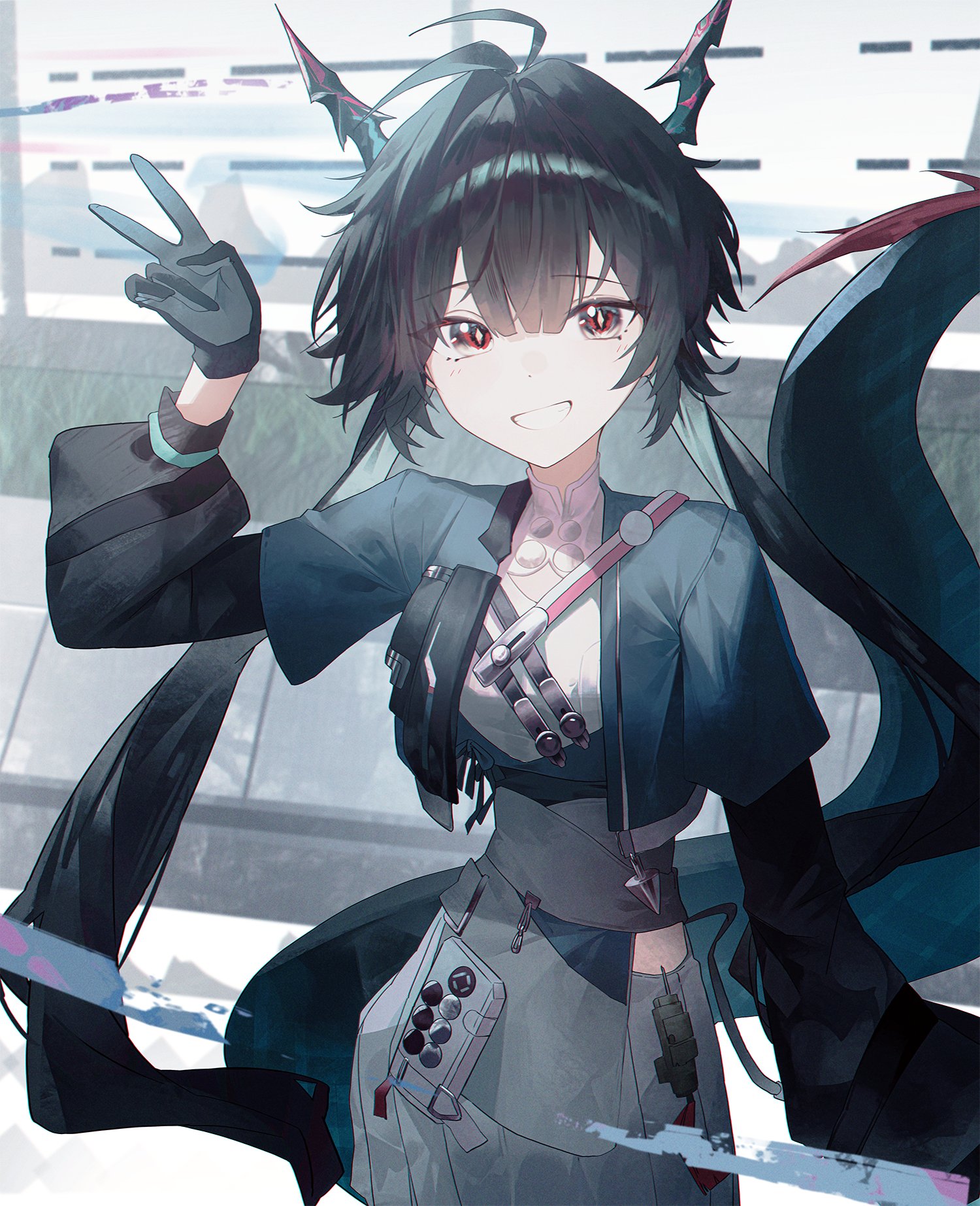 chen qianyu (arknights), arknights, arknights: endfield, chinese commentary, commentary request, highres, 1girl, black gloves, black hair, blue horns, blue tail, cowboy shot, cropped jacket, dragon girl, dragon horn, dragon horns, dragon tail, dress, eastern dragon horns, eastern dragon tail, gloves, hand up, horns, jacket, long hair, long sleeves, looking at viewer, multicolored tail, open clothes, open jacket, open mouth, red tail, sla2h help, smile, solo, standing, tail, teeth, twintails, v