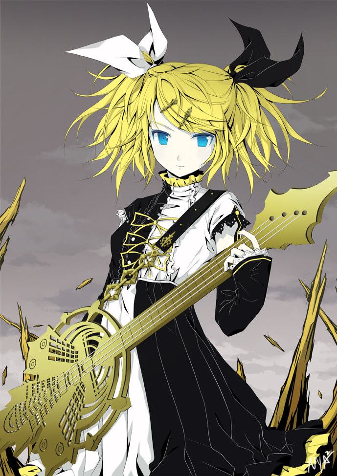 clover4th, nyanya, kagamine rin, kagamine rin (reactor), roshin yuukai (vocaloid), vocaloid, bad id, bad pixiv id, 1girl, alternate hairstyle, aqua eyes, bass guitar, blonde hair, detached sleeves, dress, female focus, guitar, hair ornament, hair ribbon, hairclip, instrument, long hair, ribbon, solo, twintails