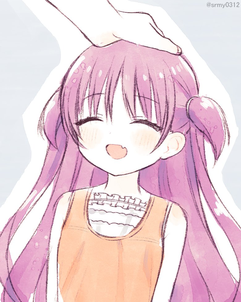 aiyan, katou umi, summer pockets, commentary, 1girl, 1other, :d, ^ ^, blush, closed eyes, facing viewer, fang, frilled shirt, frills, grey background, hair between eyes, happy, headpat, long hair, open mouth, orange shirt, outline, pink hair, shirt, simple background, sketch, skin fang, sleeveless, sleeveless shirt, smile, solo focus, straight hair, two side up, upper body, very long hair, white outline