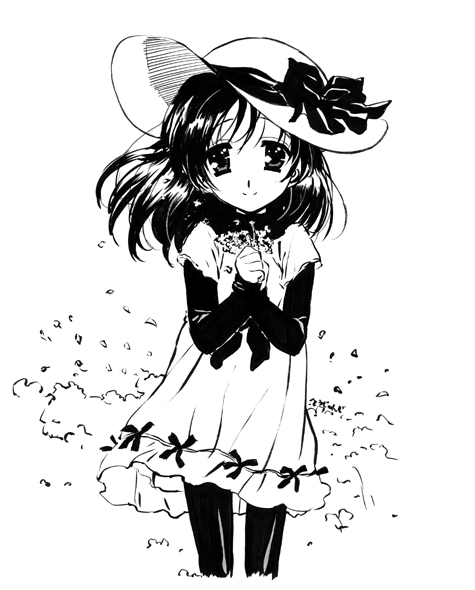 gotou junji, katsura kotonoha, school days, official art, tagme, 00s, 1girl, aged down, child, dress, female focus, flower, hat, monochrome, simple background, smile, solo