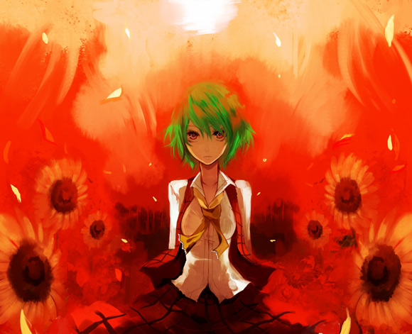 apt, ut (apt), kazami yuuka, touhou, 1girl, arms behind back, ascot, bow, dress, expressionless, female focus, flower, green hair, hair bow, necktie, orange theme, petals, plaid clothes, plaid skirt, plaid vest, red eyes, red theme, shirt, short hair, skirt, skirt set, solo, sunflower, vest, white shirt, wind