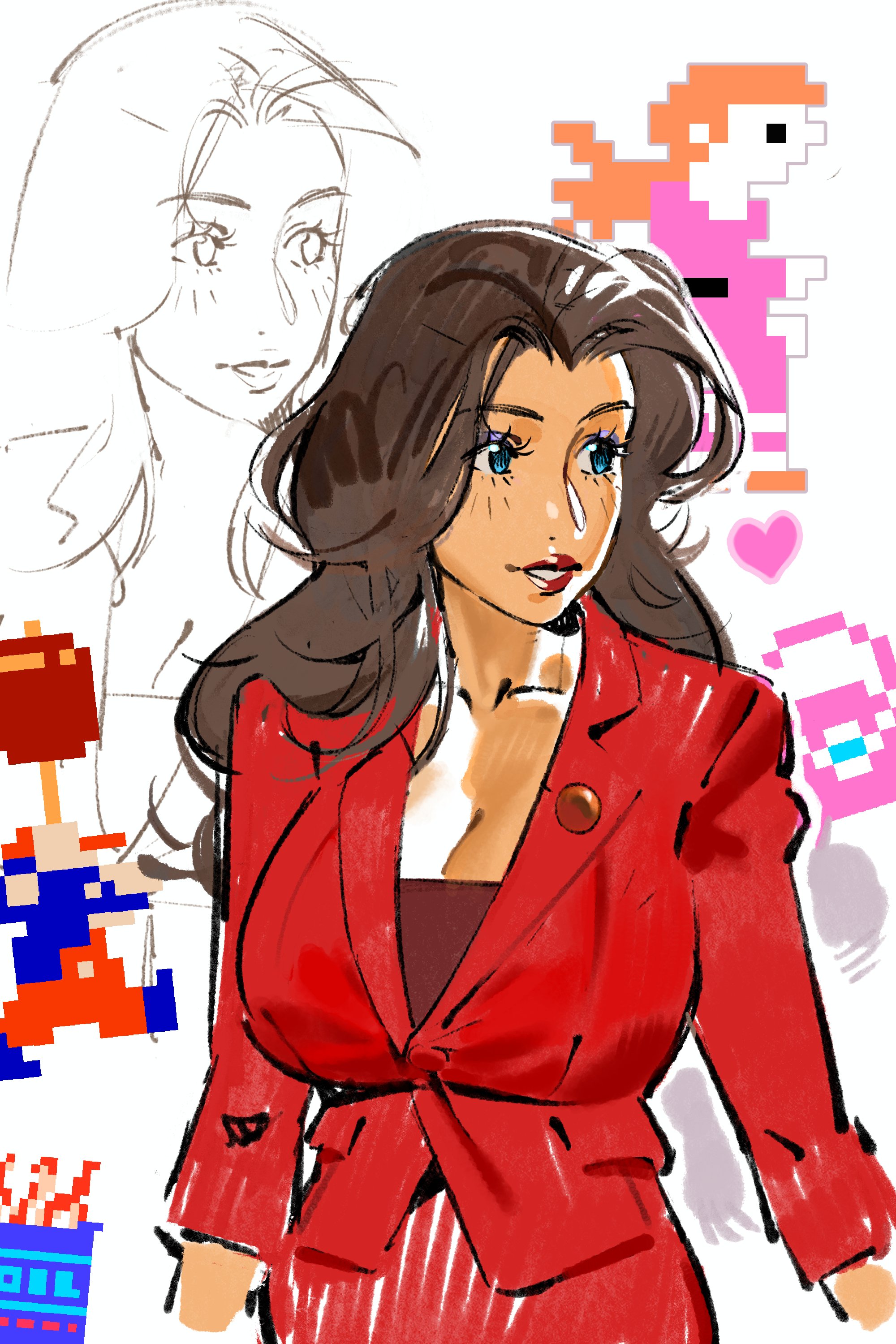 linesharkart, mario, pauline (mario), donkey kong (1981 game), donkey kong (series), mario (series), nintendo, super mario odyssey, absurdres, commentary, english commentary, highres, 1girl, bag, blue eyes, breasts, brown hair, cleavage, drum (container), eyelashes, eyeshadow, fire, handbag, jacket, large breasts, lipstick, long hair, looking to the side, makeup, parted lips, pixel art inset, purple eyeshadow, red jacket, red lips, red skirt, skirt, smile, solo, sprite, upper body