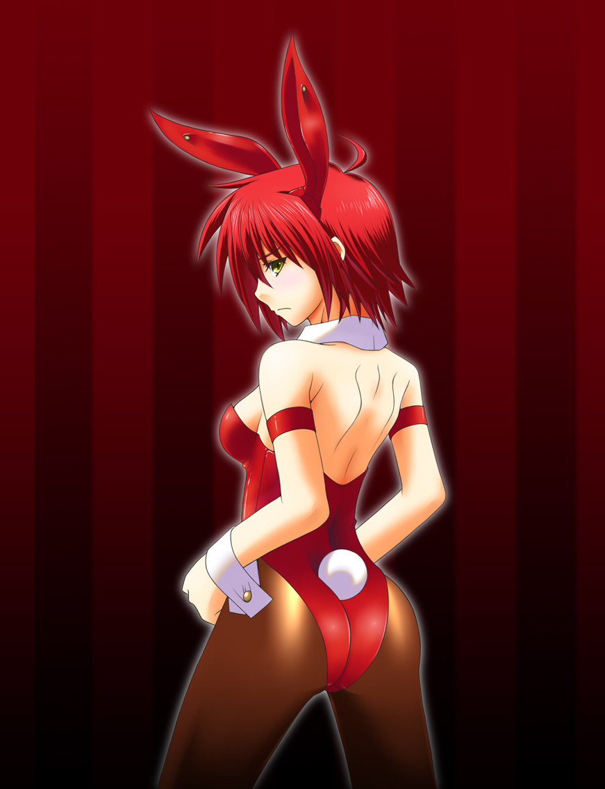 naageru, nove (nanoha), numbers (nanoha), lyrical nanoha, mahou shoujo lyrical nanoha, mahou shoujo lyrical nanoha strikers, 00s, 1girl, animal ears, ass, fake animal ears, female focus, pantyhose, playboy bunny, rabbit ears, red hair, short hair, solo, yellow eyes