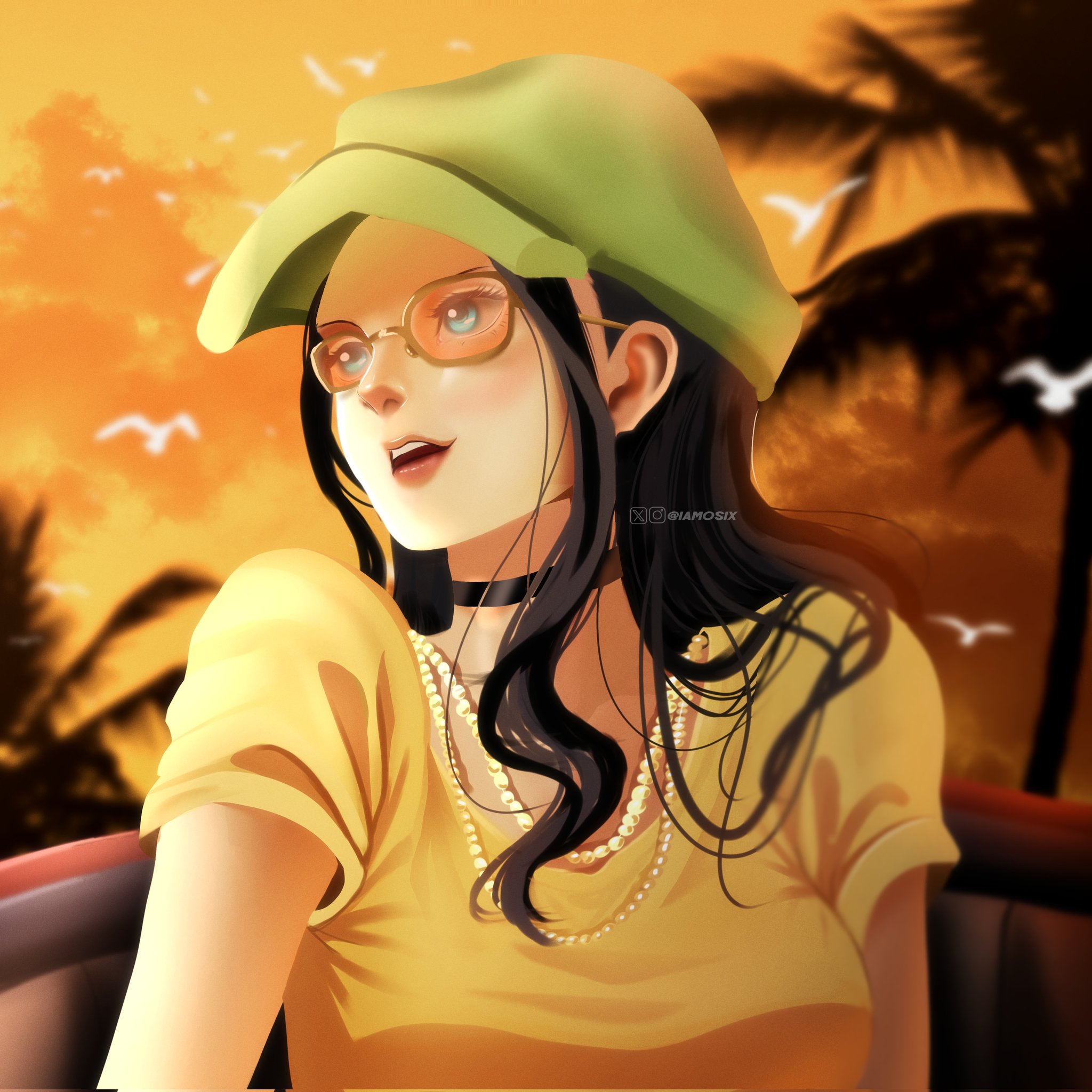 iamosix2, nico robin, one piece, commentary, highres, 1girl, bird, black choker, black hair, blue eyes, choker, green hat, hat, instagram username, jewelry, long hair, looking to the side, necklace, pearl necklace, shirt, sidelocks, smile, solo, sunglasses, sunset, t-shirt, yellow shirt