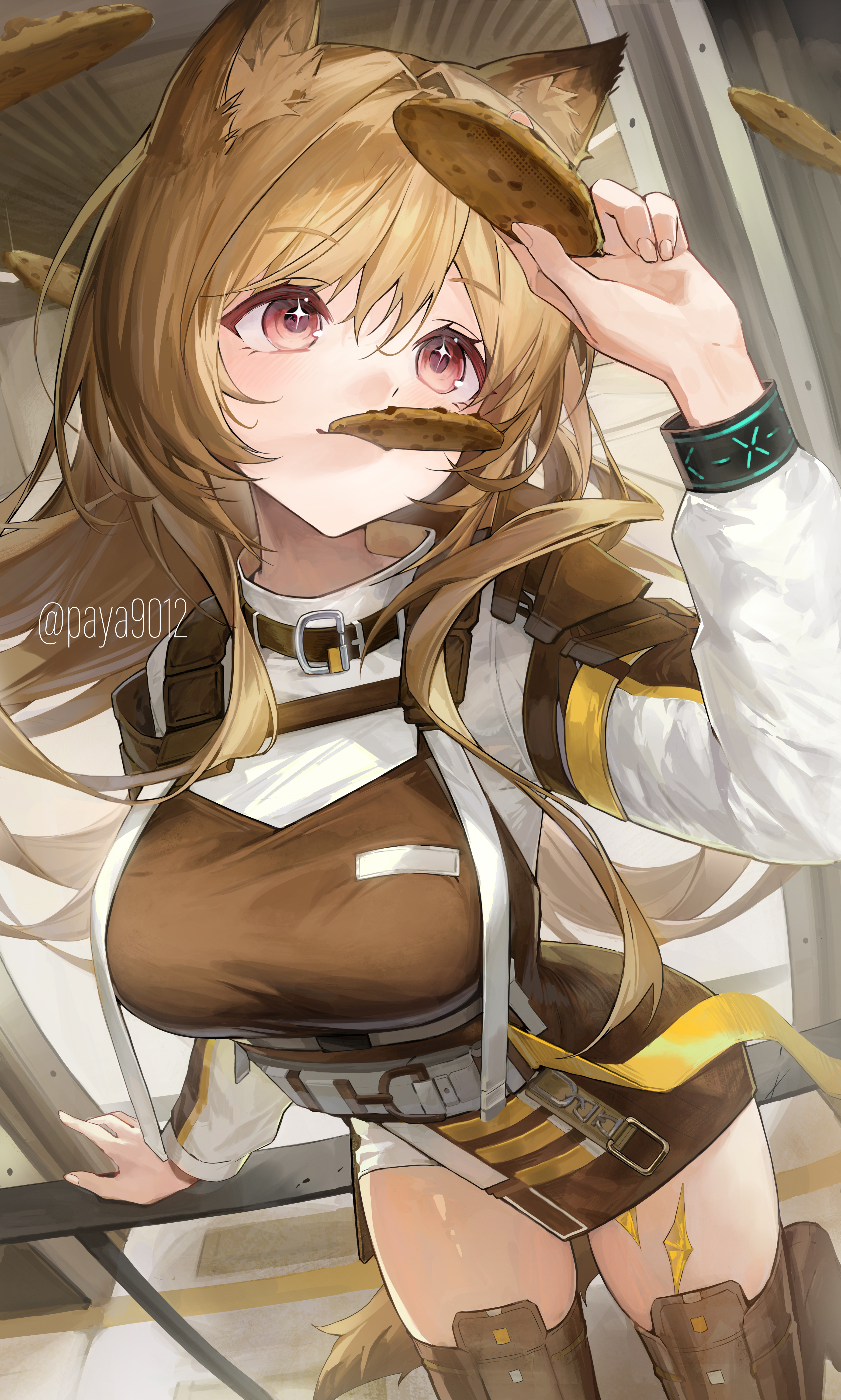 paya 32, ceobe (arknights), arknights, absurdres, commentary request, highres, 1girl, against railing, animal ear fluff, animal ears, arm up, belt, belt buckle, boots, breasts, brown belt, brown boots, brown dress, brown hair, buckle, cookie, dog ears, dog girl, dog tail, dress, dutch angle, falling food, food, food in mouth, foot out of frame, foreshortening, hair between eyes, hair intakes, hand on railing, hand rest, holding, holding cookie, holding food, jacket, long hair, long sleeves, looking at food, looking up, material growth, medium breasts, mouth hold, oripathy lesion (arknights), railing, red eyes, shoulder pads, sitting, sleeveless, sleeveless dress, snap-fit buckle, solo, sparkling eyes, tail, thigh boots, twitter username, white jacket