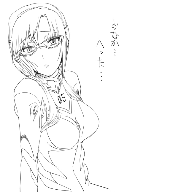 hairu, makinami mari illustrious, neon genesis evangelion, rebuild of evangelion, 00s, 1girl, bodysuit, breasts, female focus, from side, glasses, greyscale, hair over shoulder, hairband, large breasts, lineart, long hair, looking at viewer, low twintails, mecha pilot suit, monochrome, parted bangs, parted lips, plugsuit (evangelion), raised eyebrows, simple background, solo, turtleneck, twintails, upper body