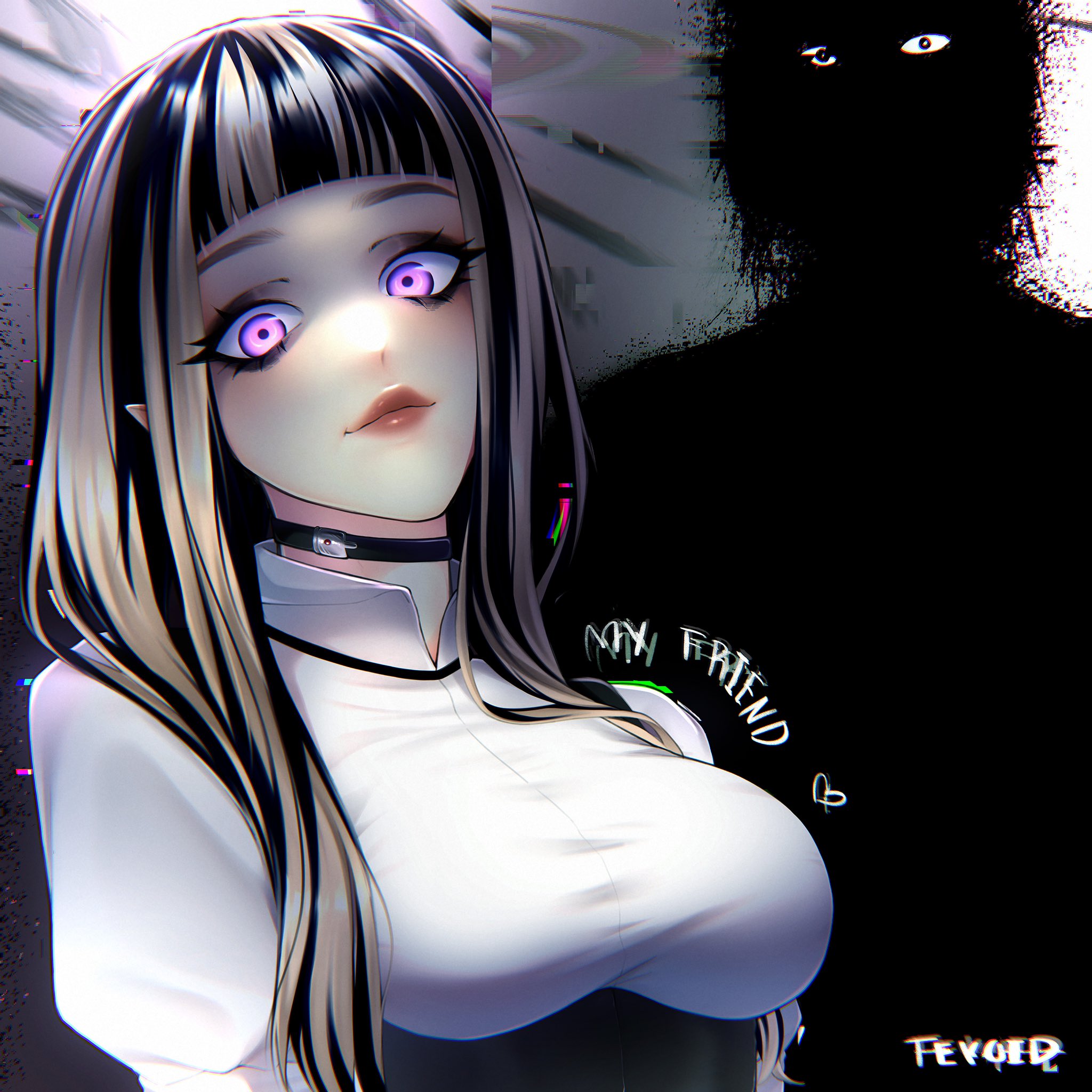 teyoid, original, commentary, english commentary, highres, 1girl, 1other, black choker, black hair, blunt bangs, breasts, choker, closed mouth, glitch, grey hair, heart, large breasts, lips, long hair, looking at viewer, multicolored hair, pointy ears, purple eyes, shirt, silhouette, solo focus, taut clothes, taut shirt, two-tone hair, upper body, white shirt
