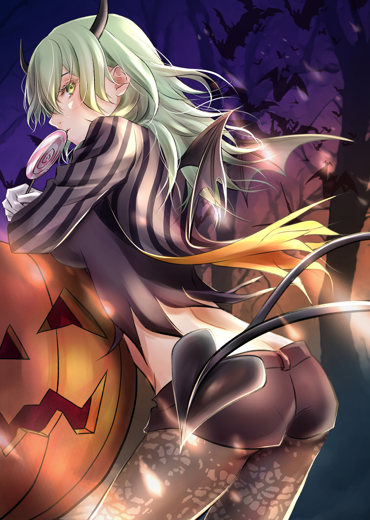 kazu20200224, female byleth (awakened) (fire emblem), female byleth (fire emblem), male byleth (fire emblem), male byleth (halloween) (fire emblem), fire emblem, fire emblem: three houses, fire emblem heroes, nintendo, commentary request, highres, 1girl, alternate costume, ass, bat (animal), black horns, black shorts, breasts, brown pantyhose, butt crack, candy, cosplay, demon girl, demon horns, demon tail, demon wings, fake horns, fake tail, fake wings, food, from behind, green eyes, grey hair, halloween, halloween costume, horns, lollipop, long hair, long sleeves, looking at viewer, male byleth (fire emblem) (cosplay), medium breasts, midriff, mouth hold, official alternate hair color, pantyhose, pantyhose under shorts, profile, pumpkin, self cosplay, shorts, solo, tail, wings