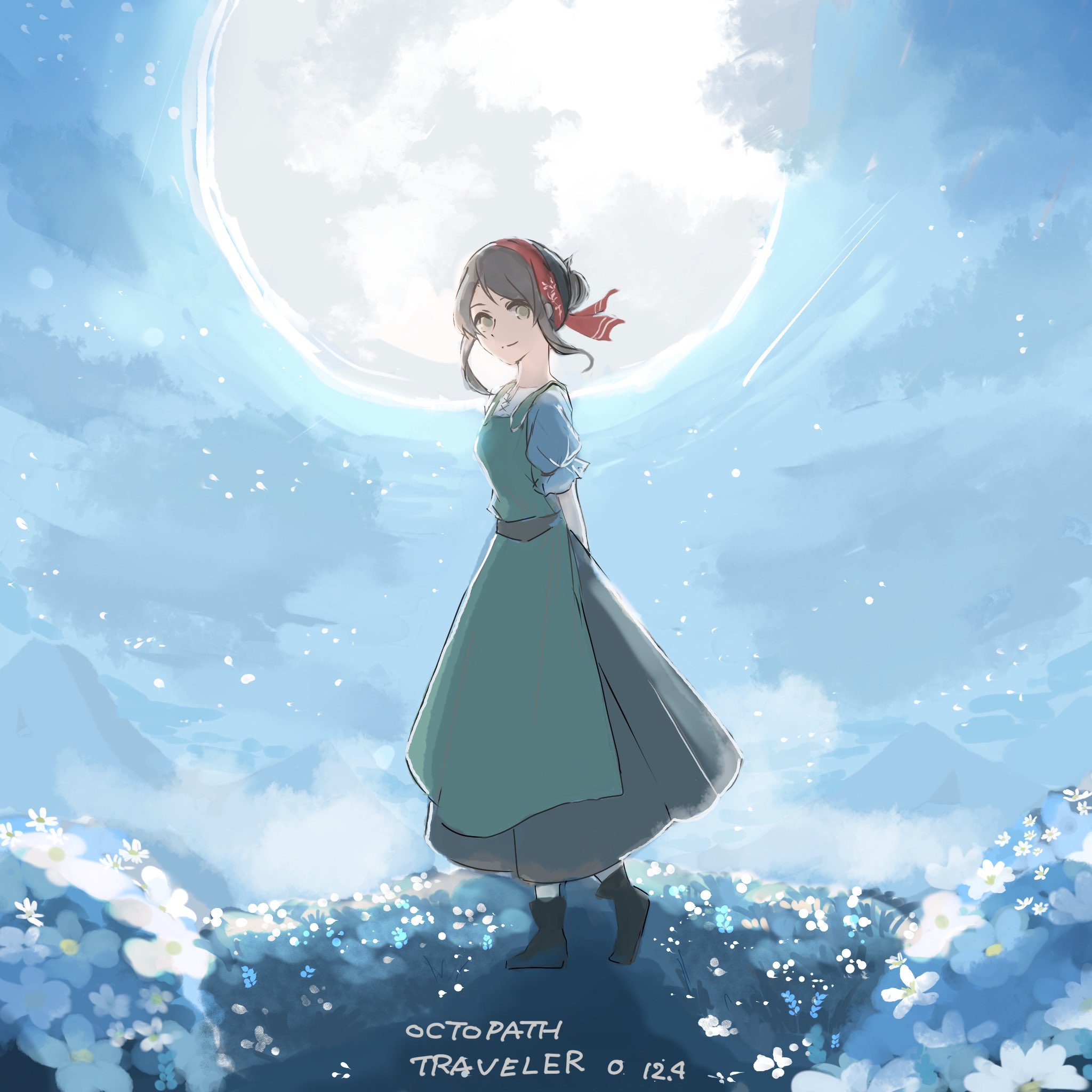 octopath traveler, octopath traveler: champions of the continent, character request, commentary request, highres, 1girl, arms behind back, blue sky, brown hair, closed mouth, copyright name, dated, dress, full body, full moon, green dress, green eyes, hairband, looking at viewer, moon, night, octopath traveler 0, red hairband, sky, smile, solo, standing, xypouy99ofdvdc2